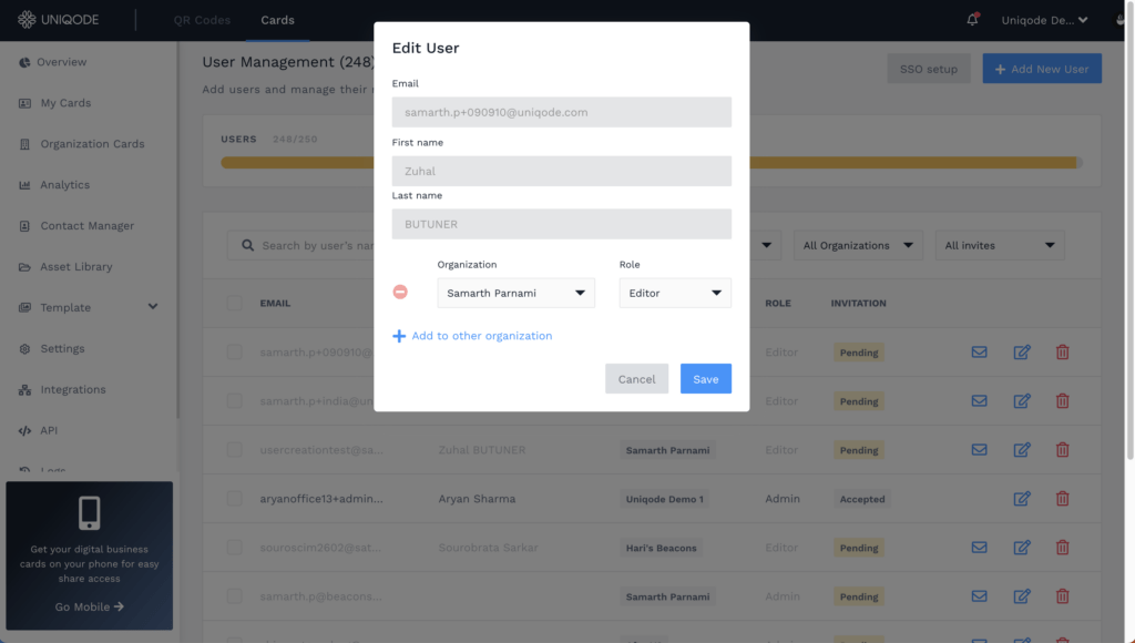 Robust access controls on Uniqode dashboard