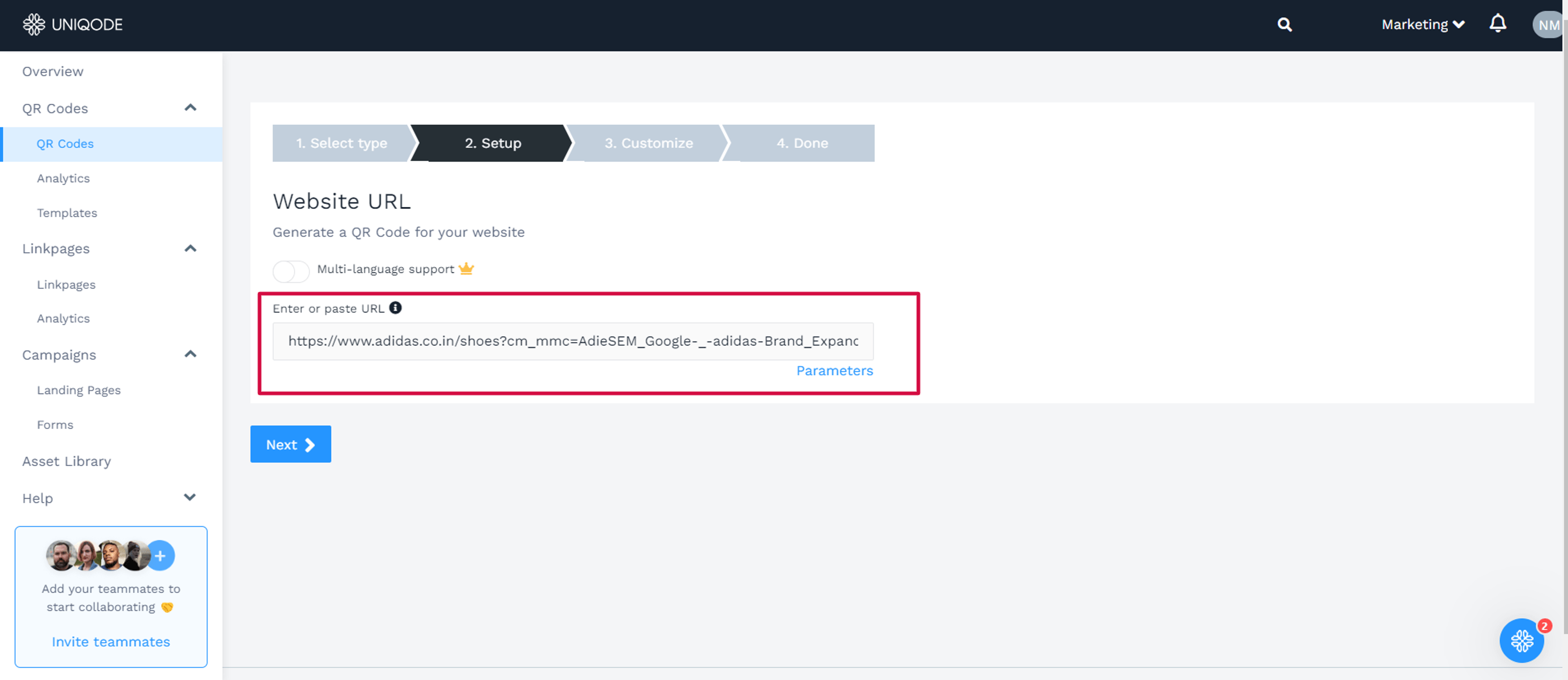 click “Website” and paste the landing page URL