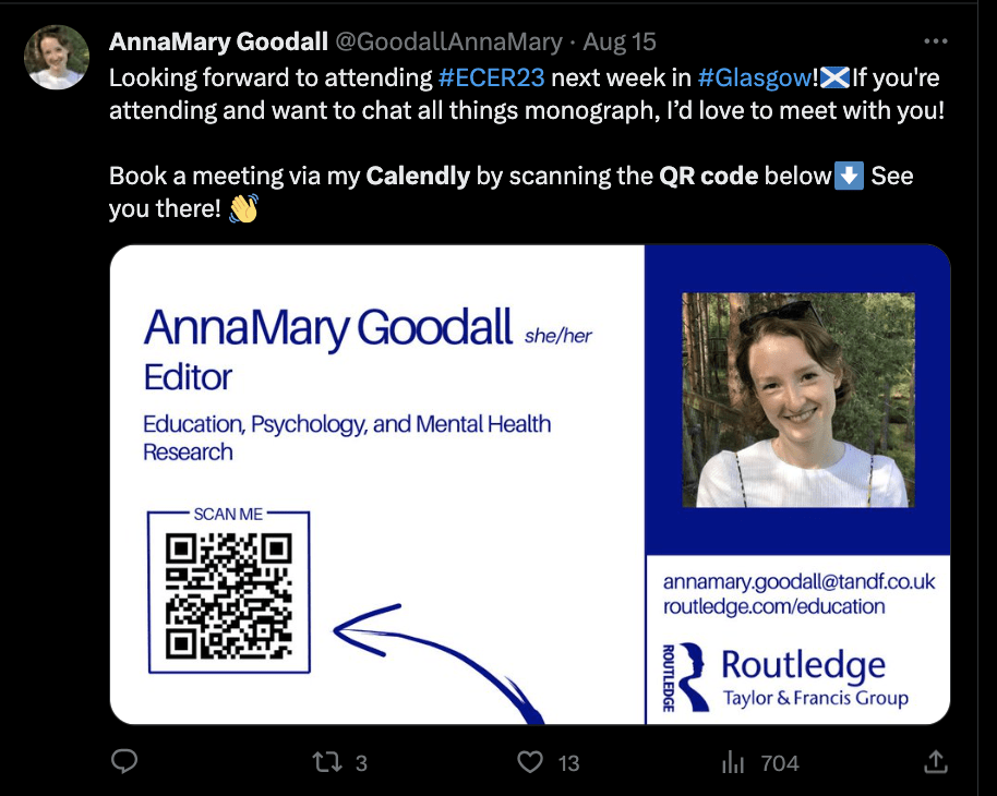 A Twitter user using Calendly QR Code at an event