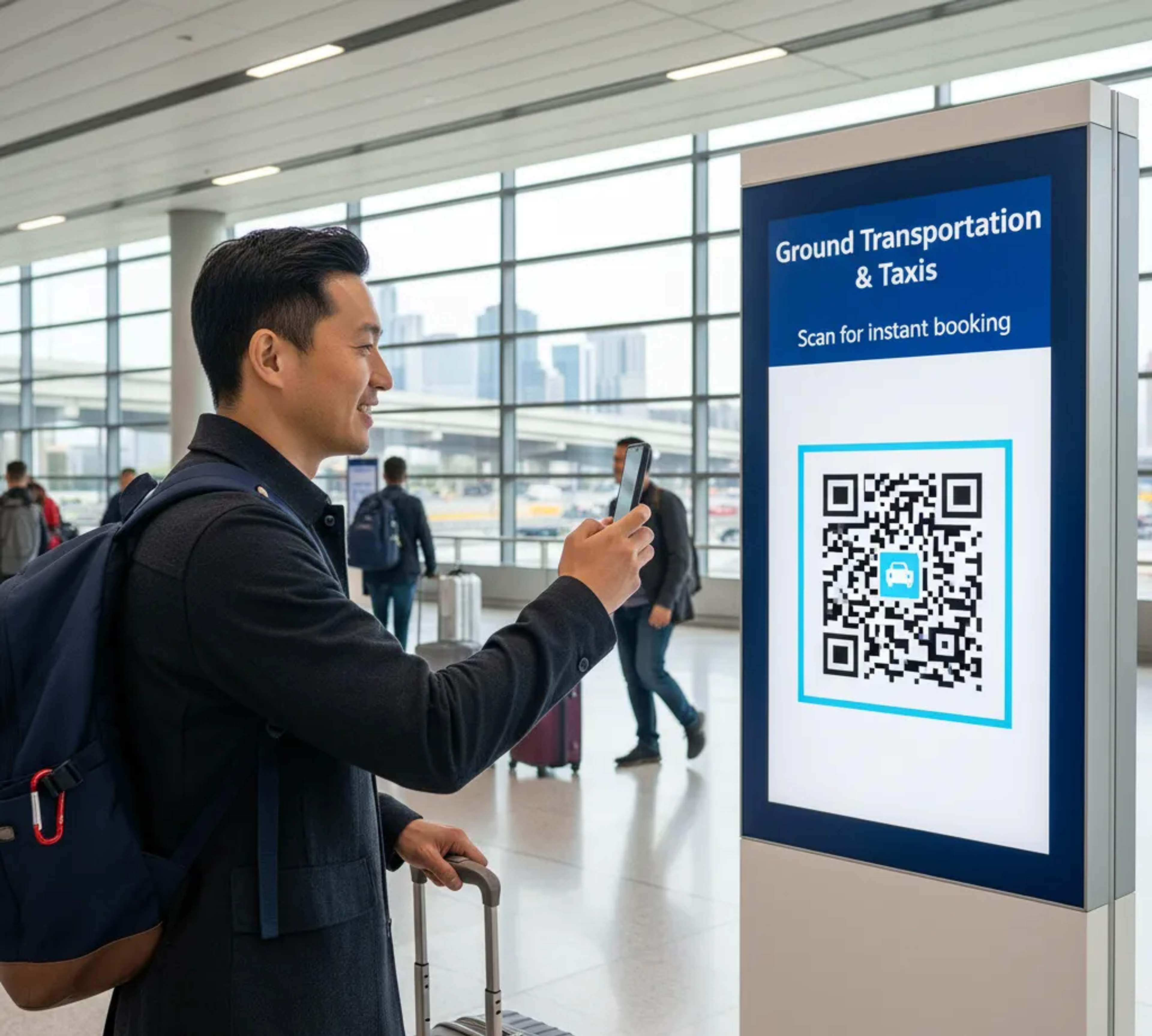 Traveller scanning QR code for instant taxi booking at airport