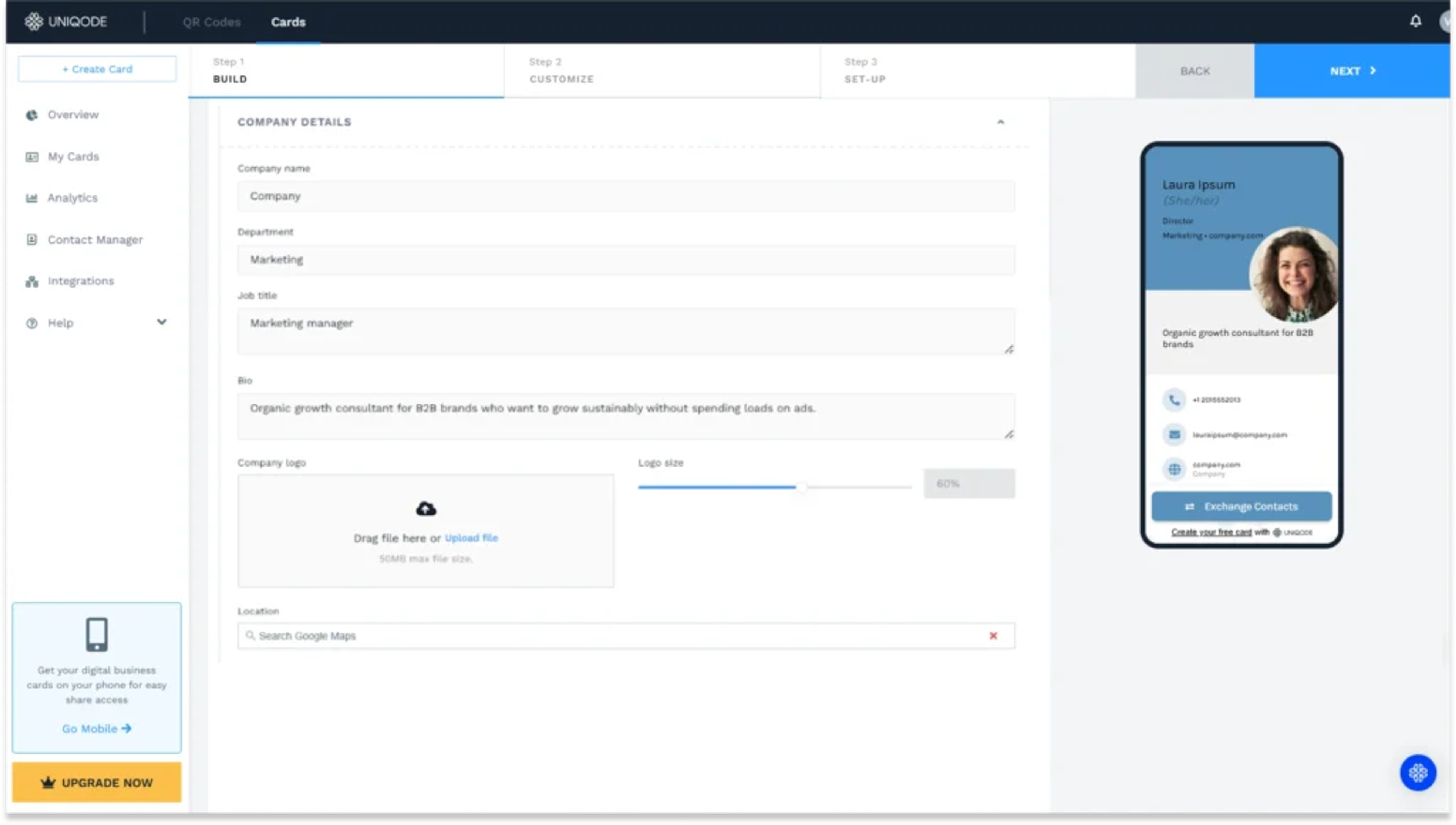 Fill your details for free digital business card 