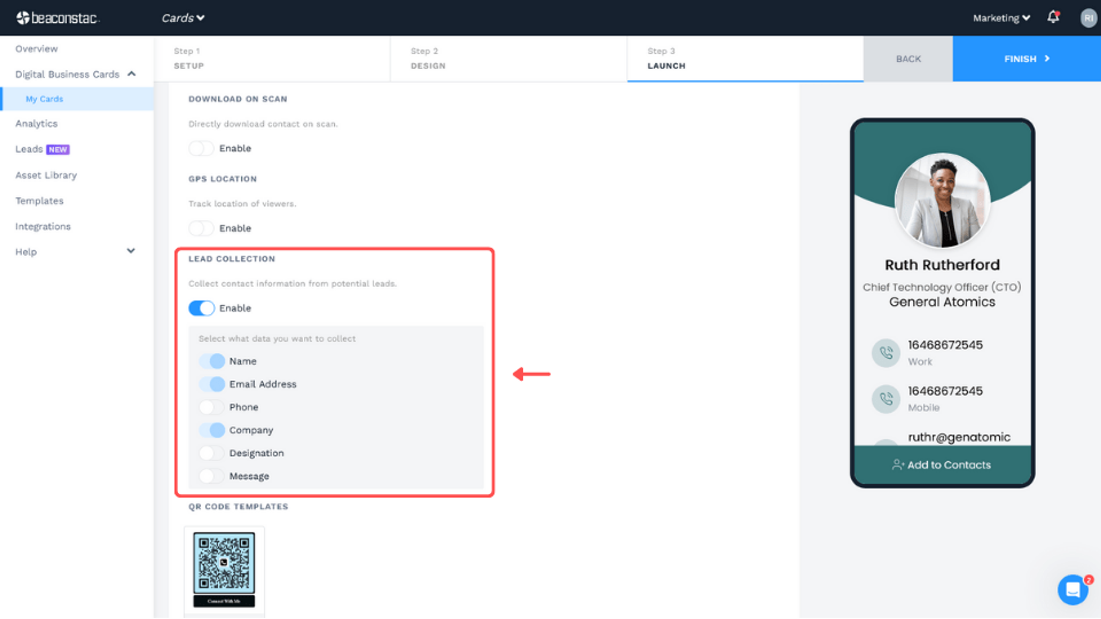 toggling on ‘Enable’ under the LEAD COLLECTION segment