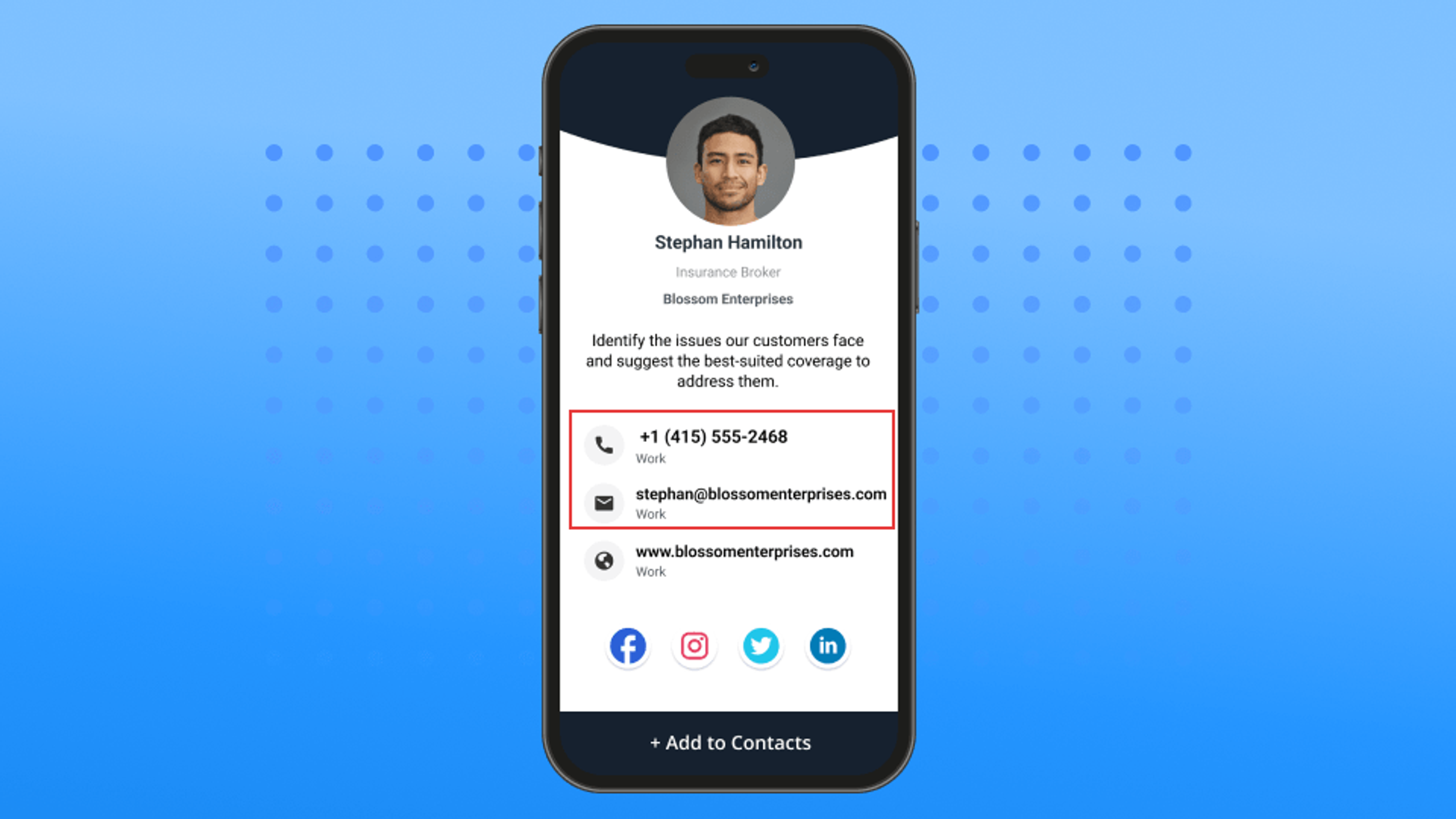 Profile information on a business card