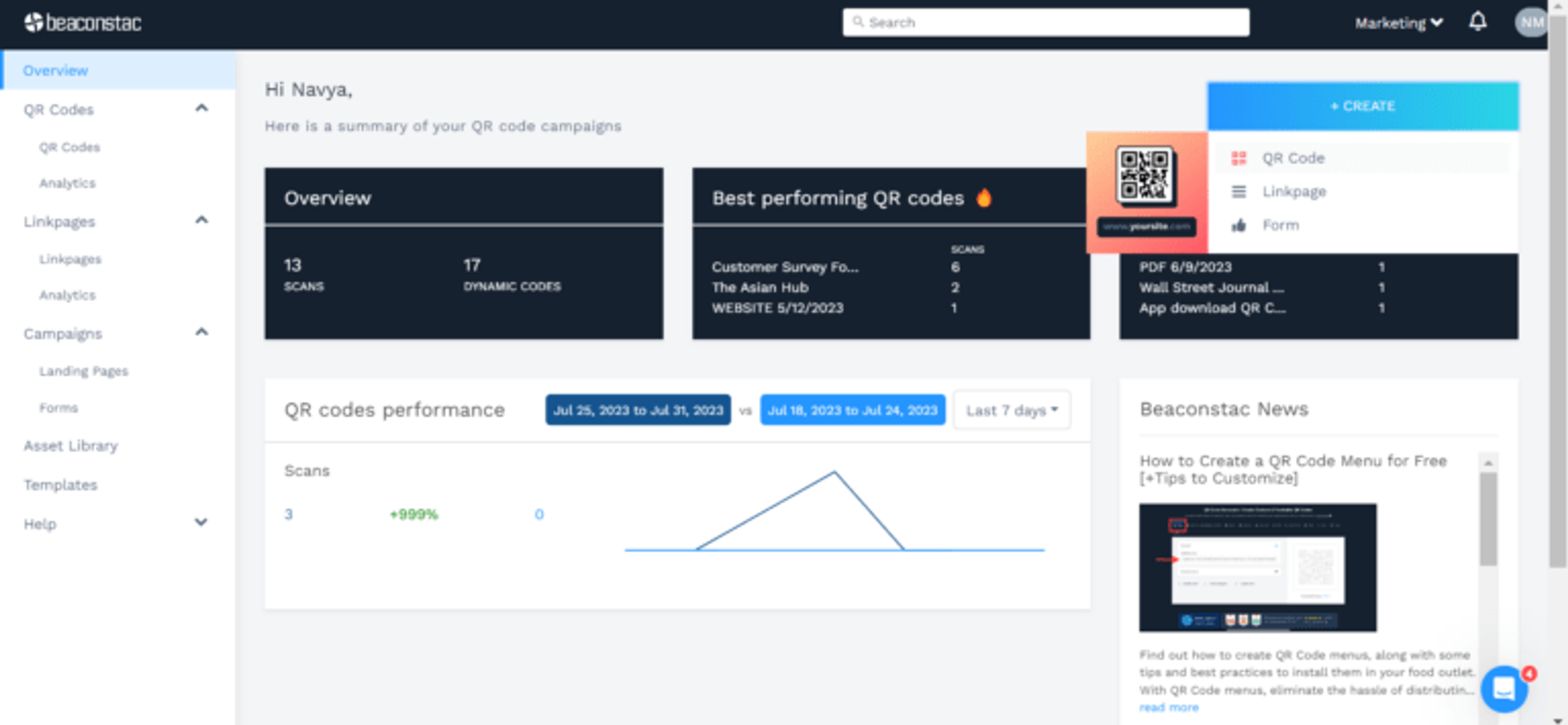 On the dashboard, click "+create" and "QR Codes"