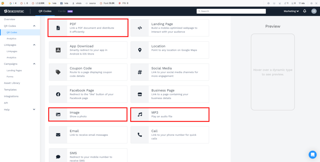 Select the type of QR Code you want to create