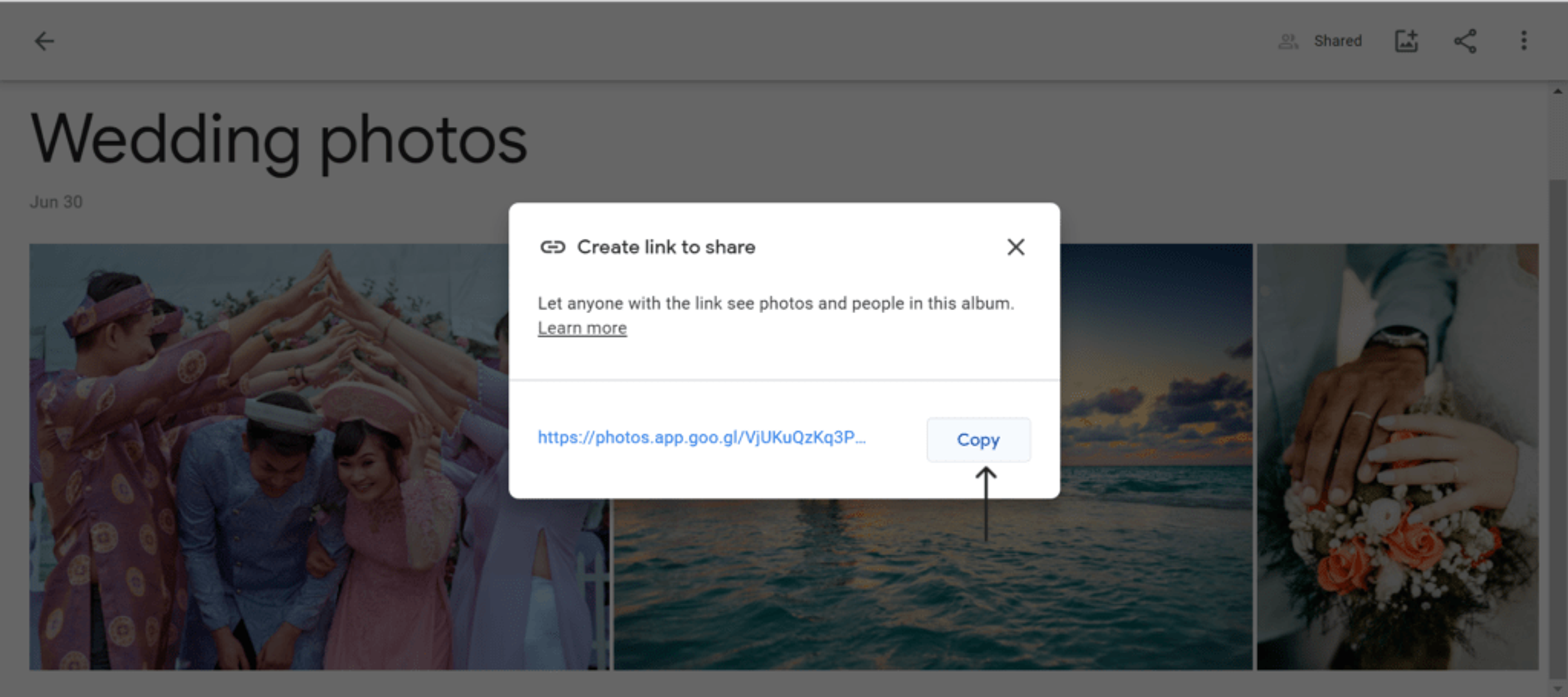 Copy the URL of the folder containing the wedding photos
