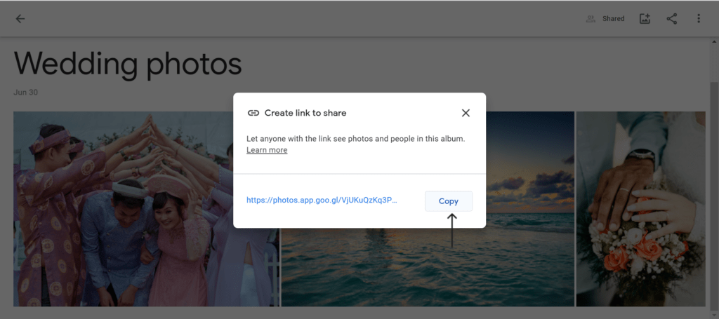 Copy the URL of the folder containing the wedding photos