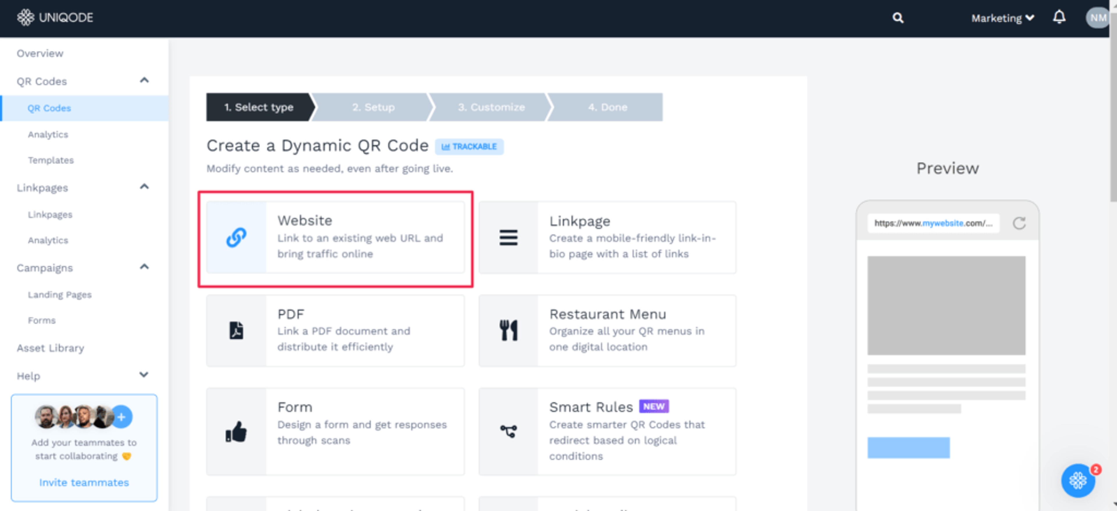 Choose website as the QR Code type