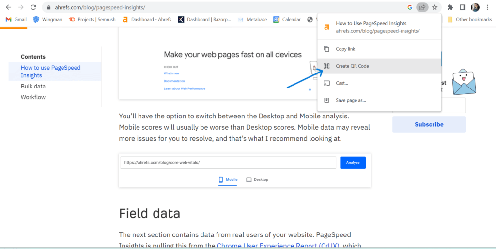 Create a QR Code on Google Chrome using the share extension