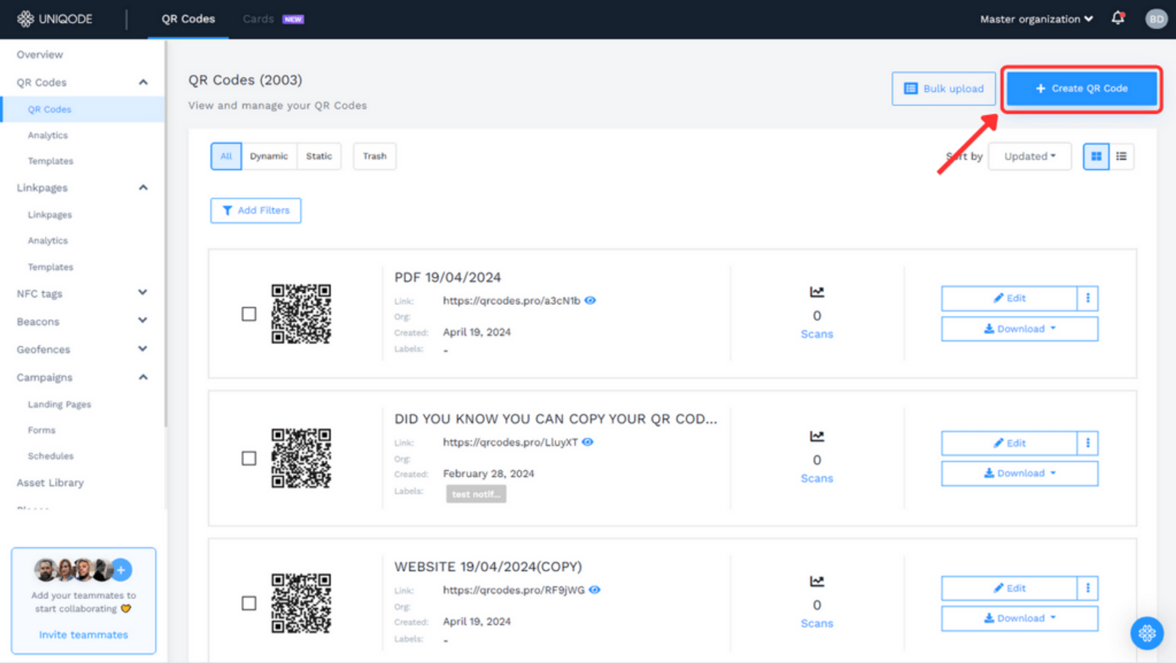 Step 2: Click on ‘+ Create QR Code’