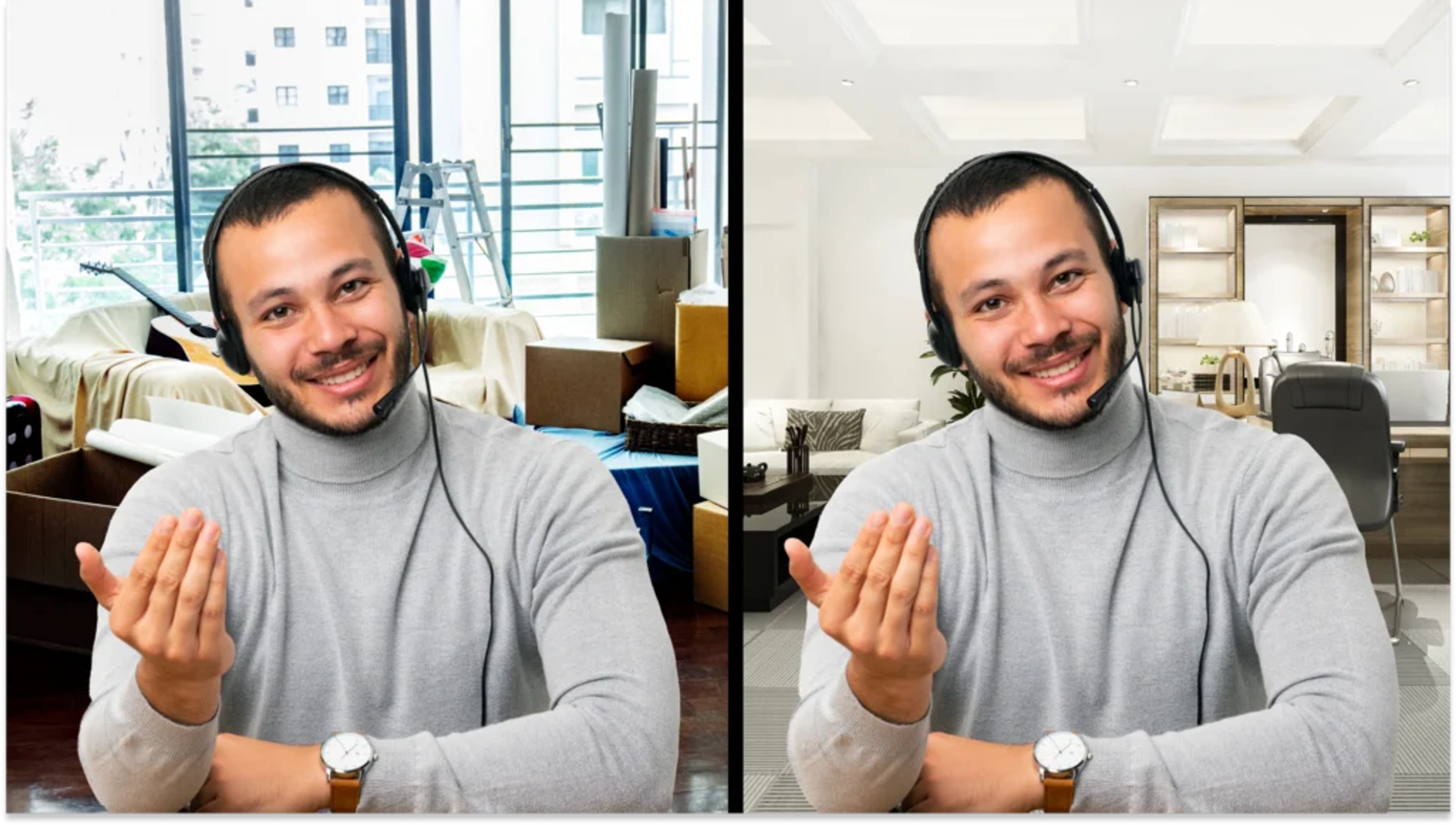 Comparison between a video conference meeting without and with a corporate virtual background