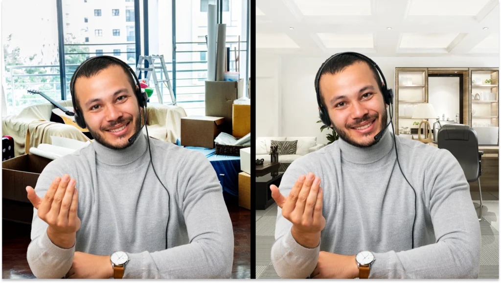 Comparison between a video conference meeting without and with a corporate virtual background