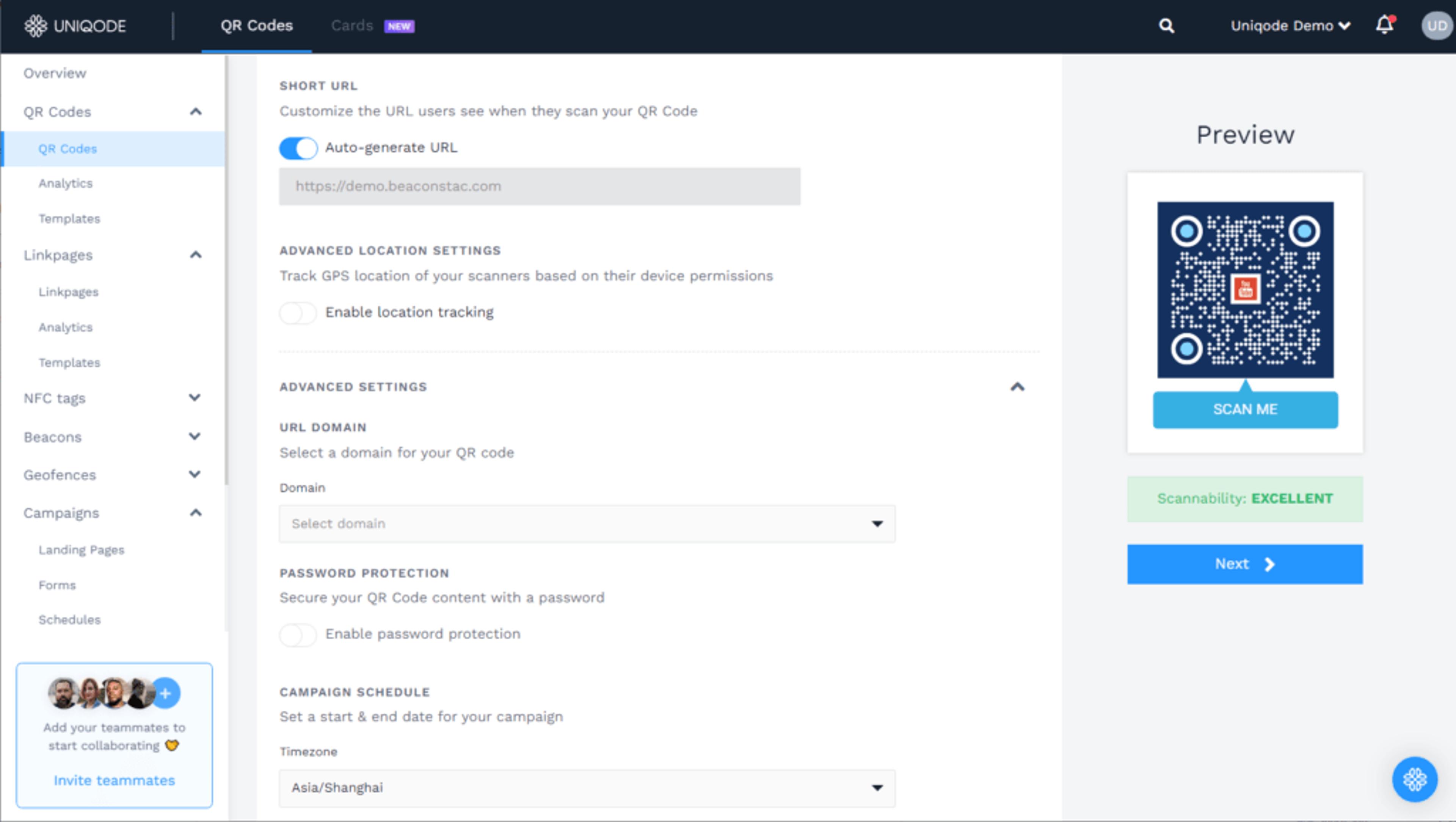 Enable/disable advanced settings for your YouTube QR Code