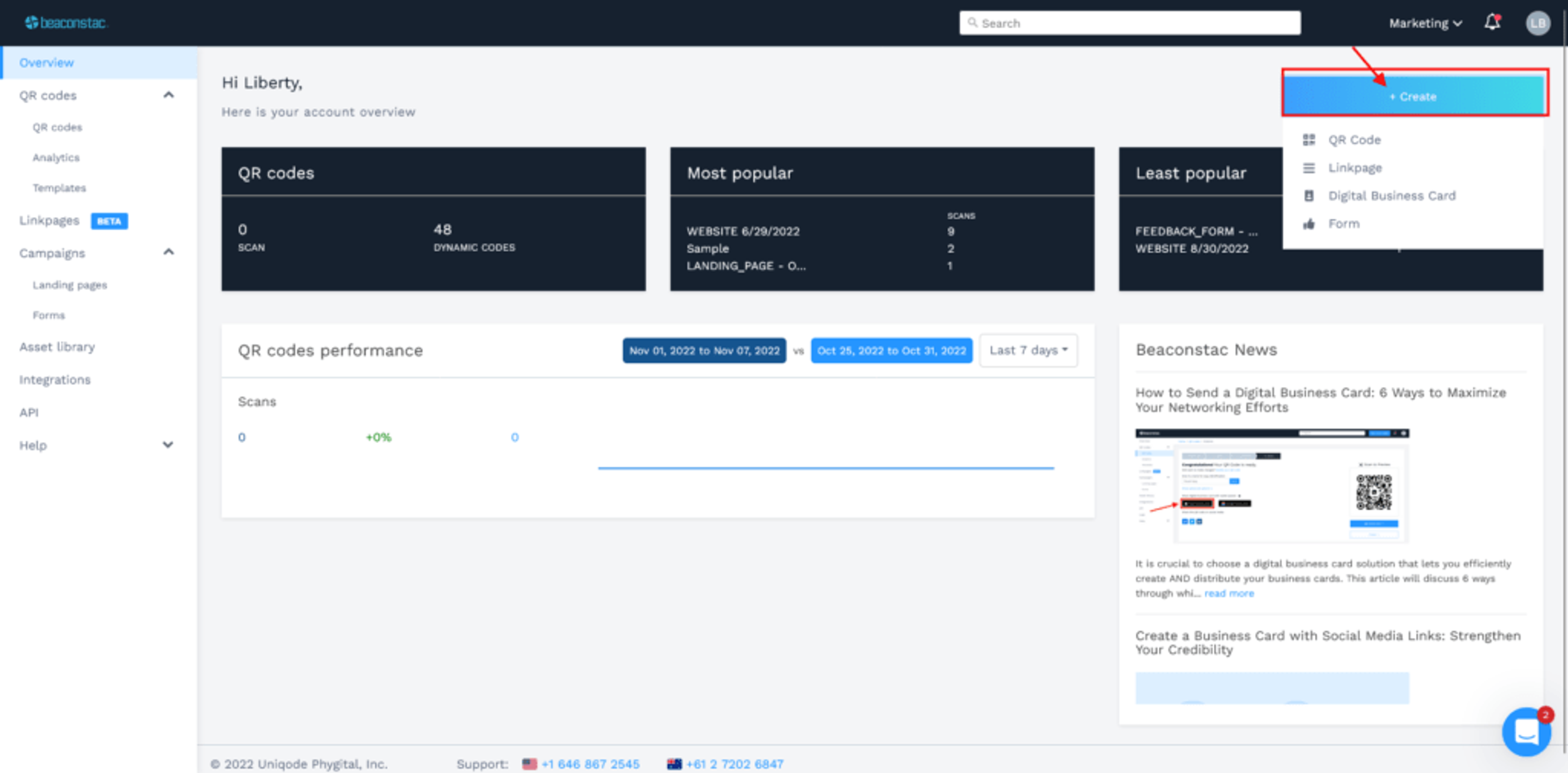 Step2: Login and click on create for URL QR Code for your Dropbox file in Uniqode