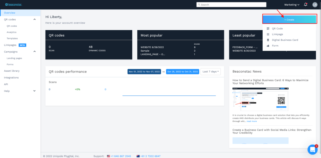 Step2: Login and click on create for URL QR Code for your Dropbox file in Uniqode