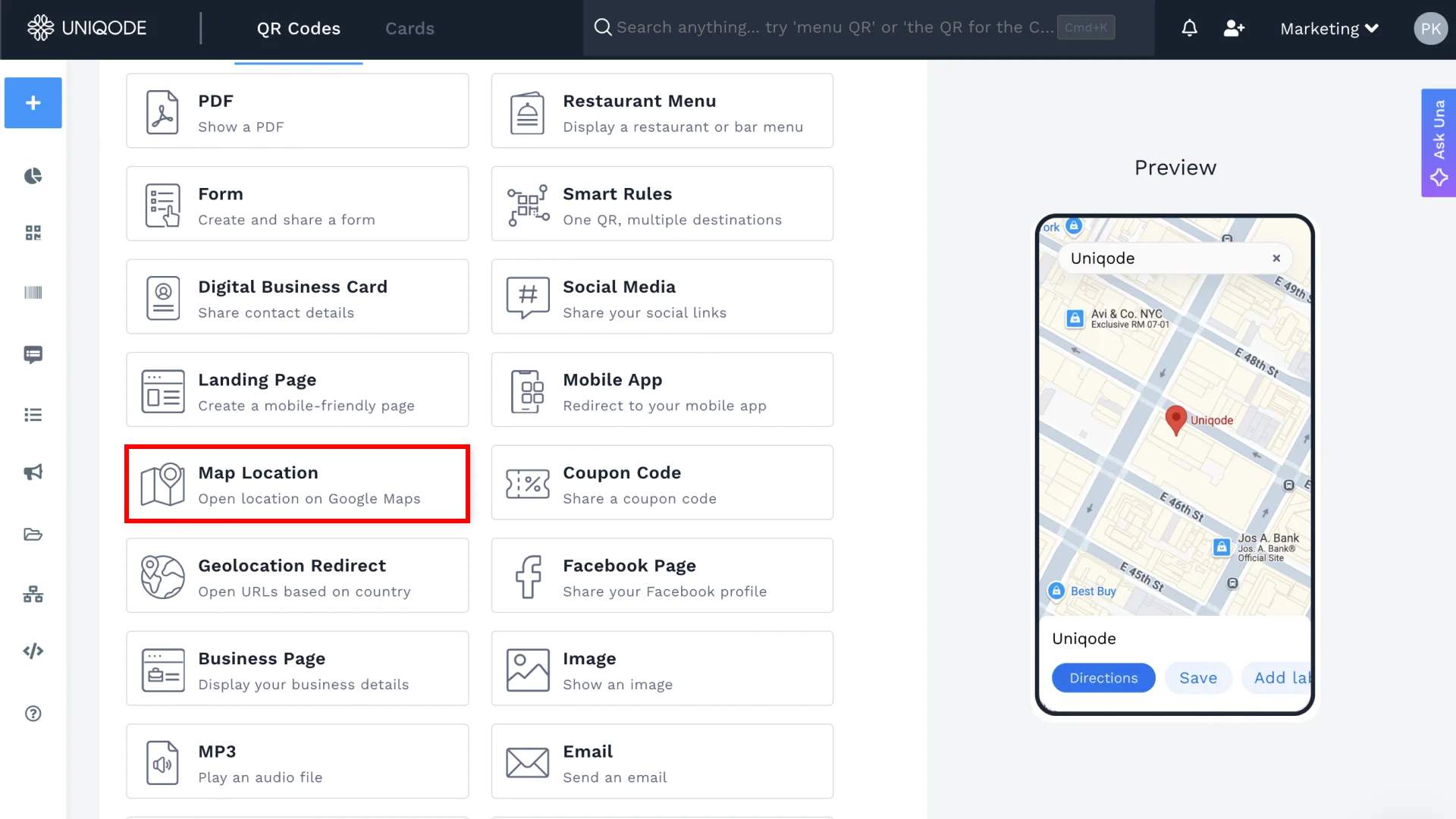 Choose location as the QR Code type