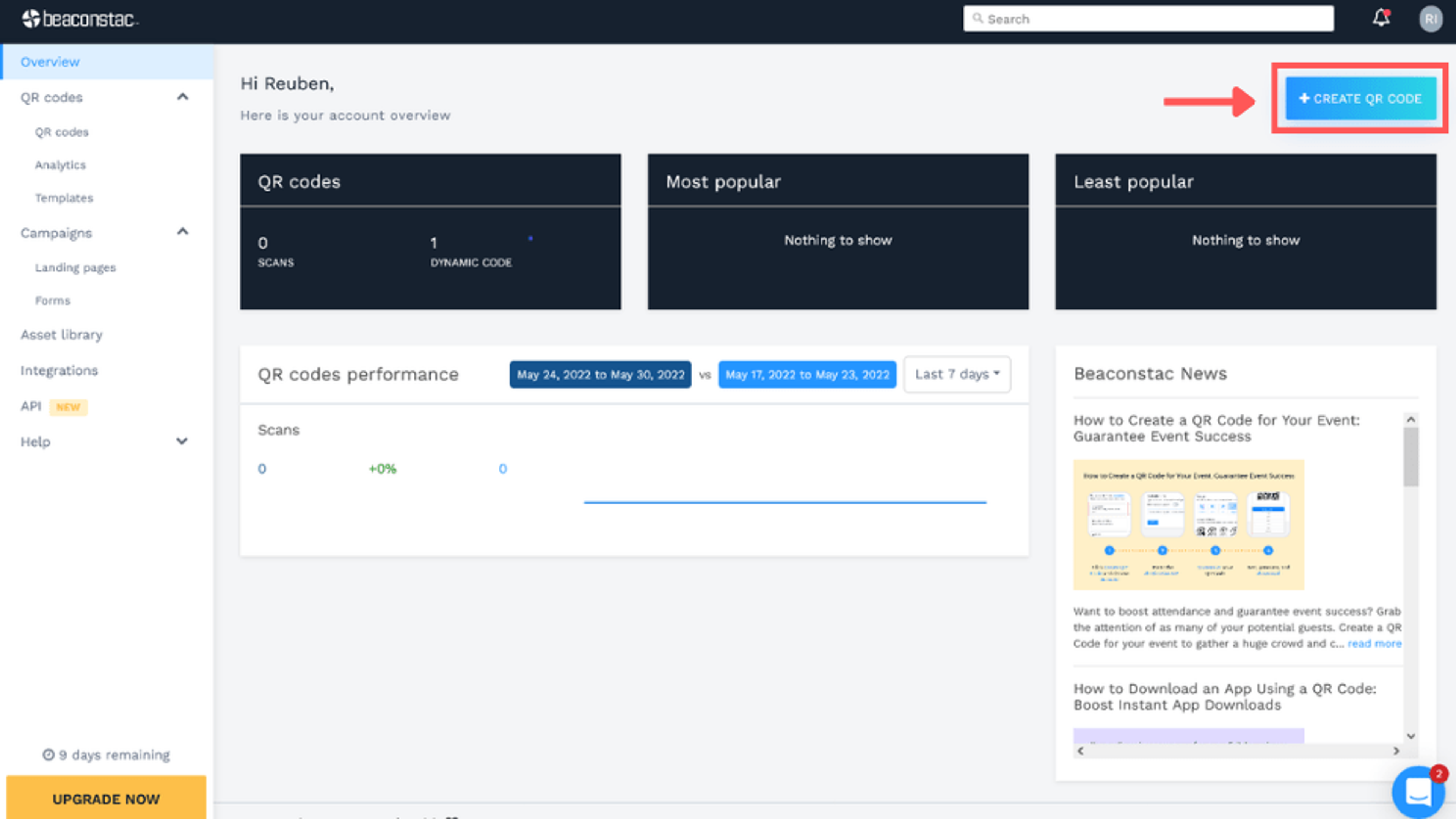 Clicking on "+ Create QR Code" on the top right corner of the screen