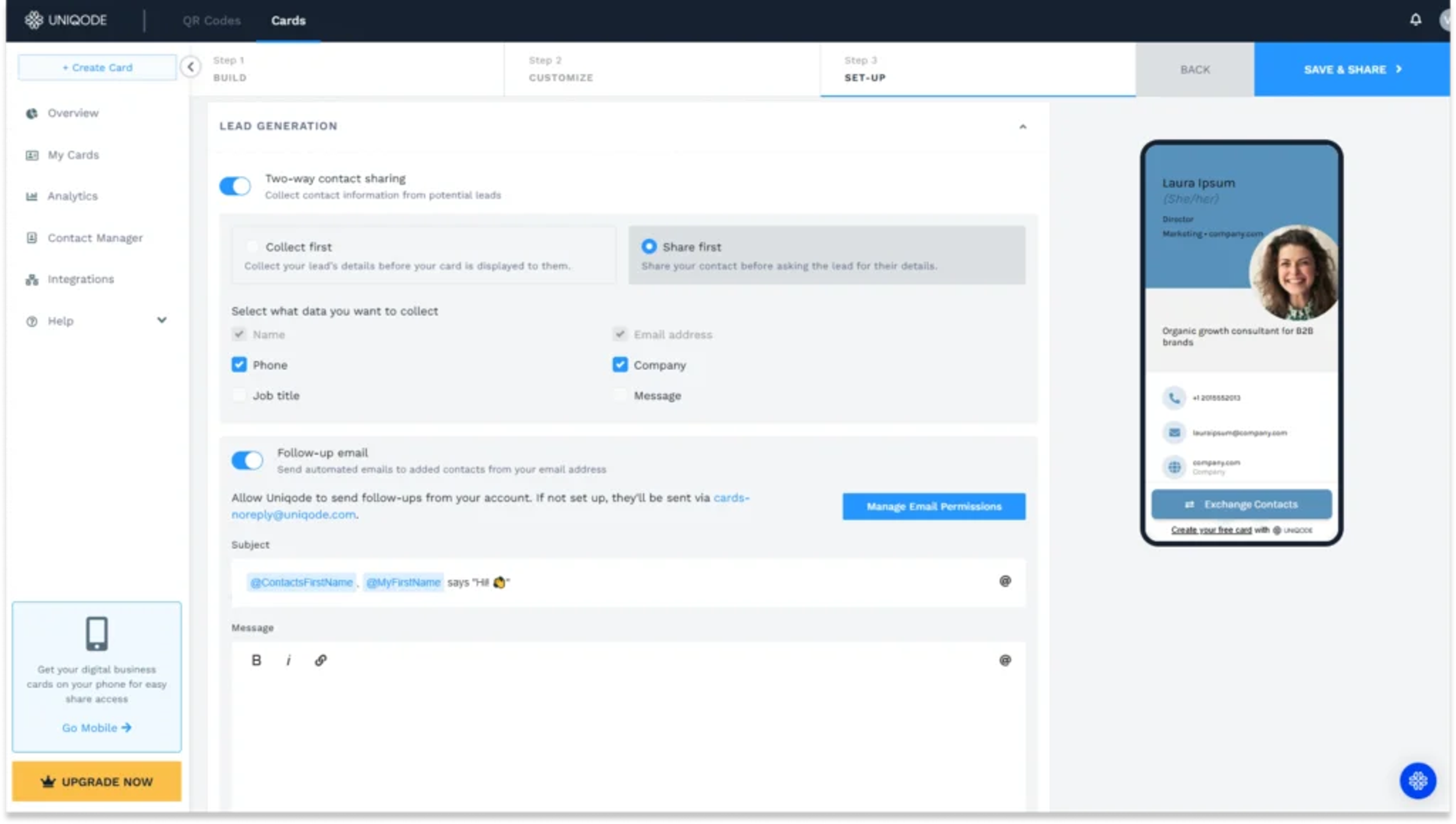 Set up your free digital business card with Uniqode