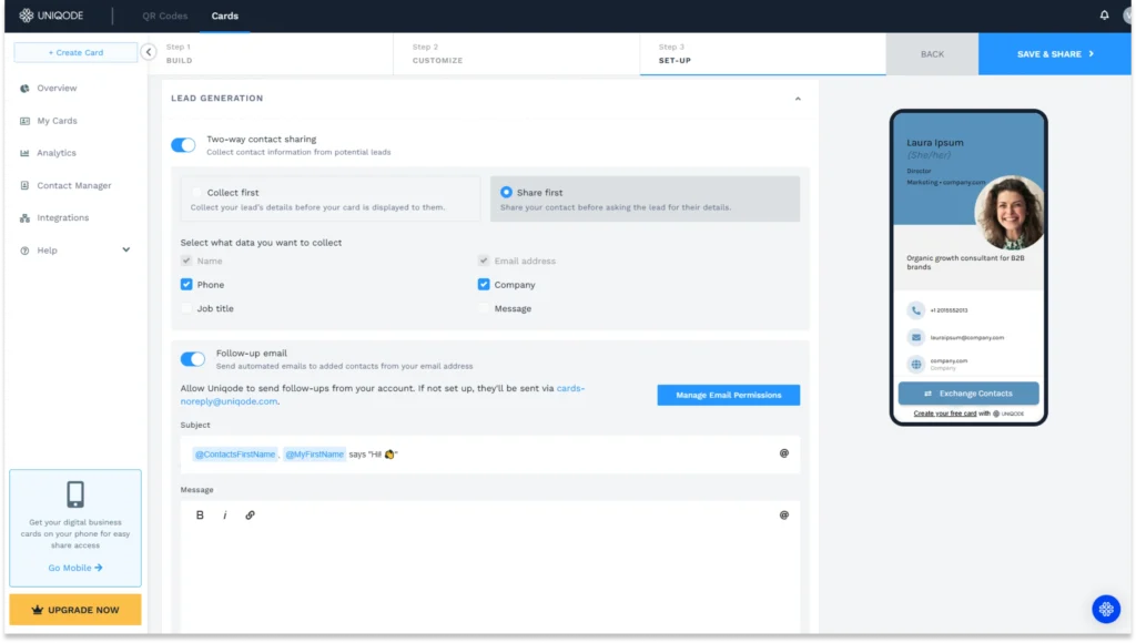 Set up your free digital business card with Uniqode