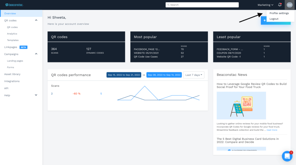 Log in to the Uniqode dashboard and go to Profile settings