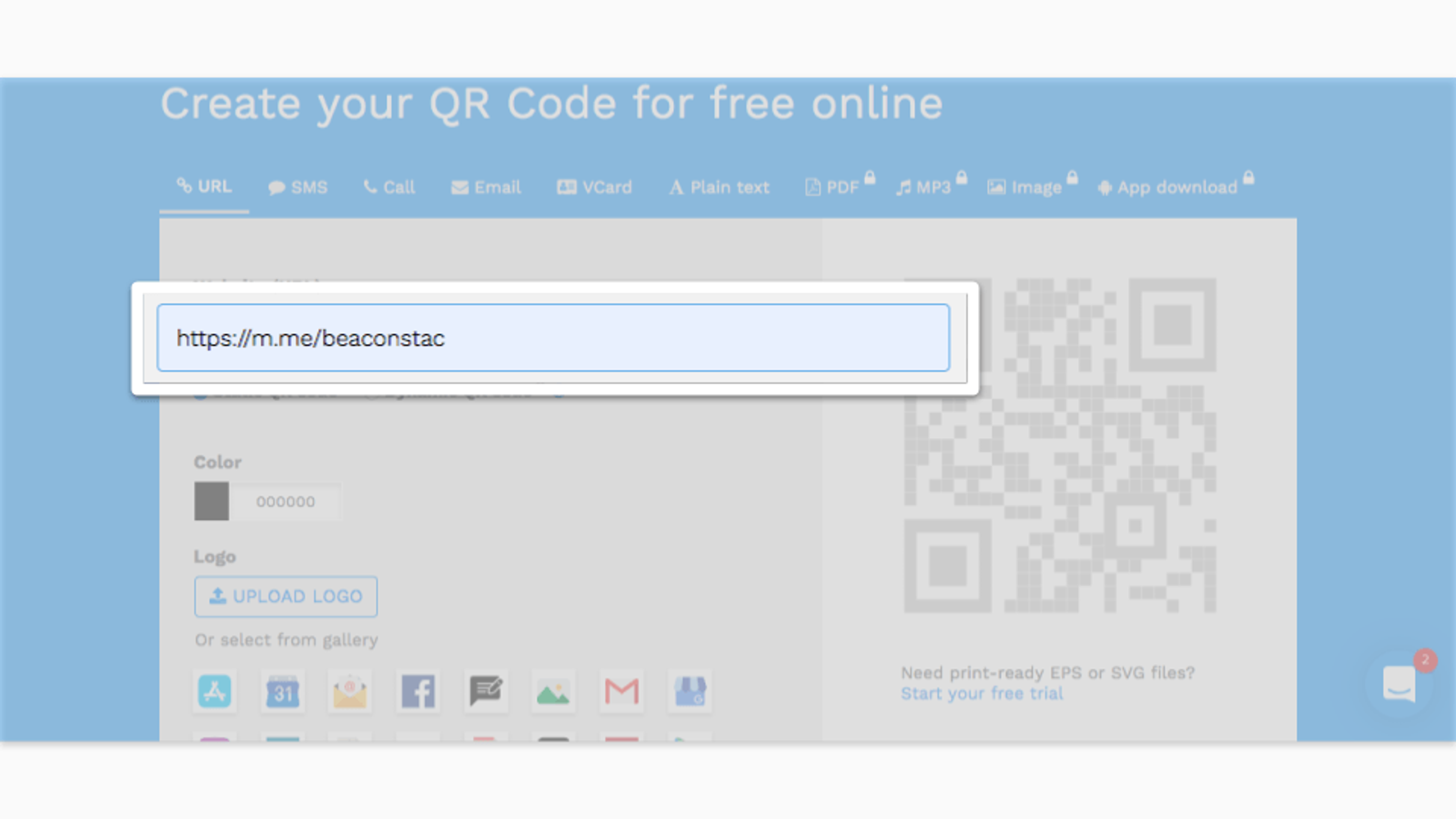 Create your Facebook QR code by selecting URL