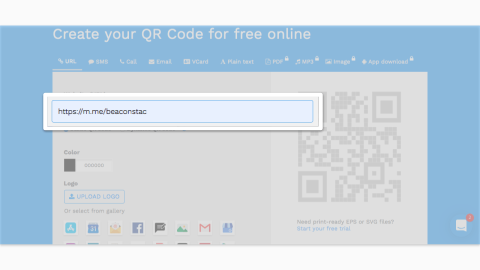 Create your Facebook QR code by selecting URL