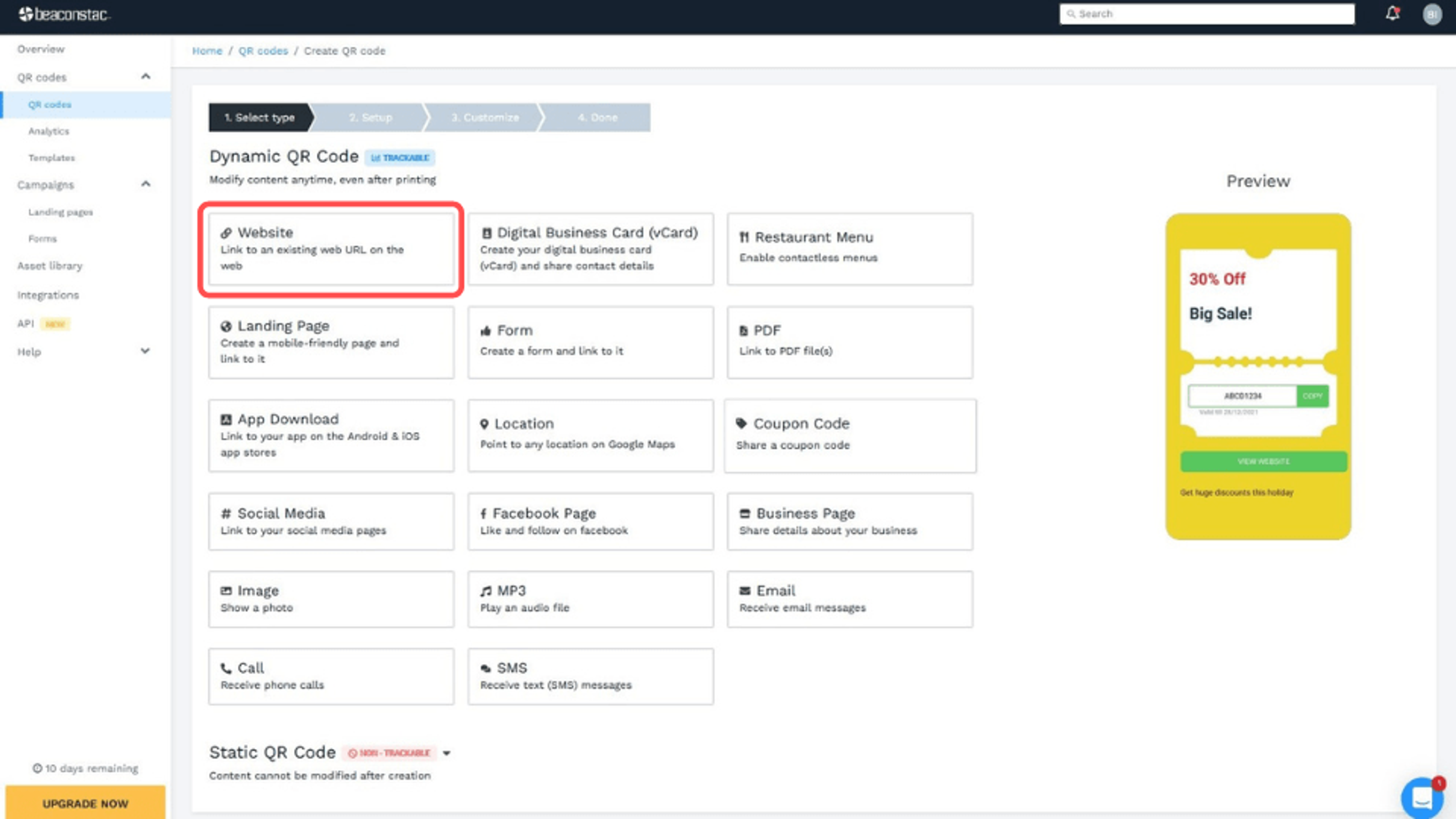 Choosing the QR Code type you want to generate