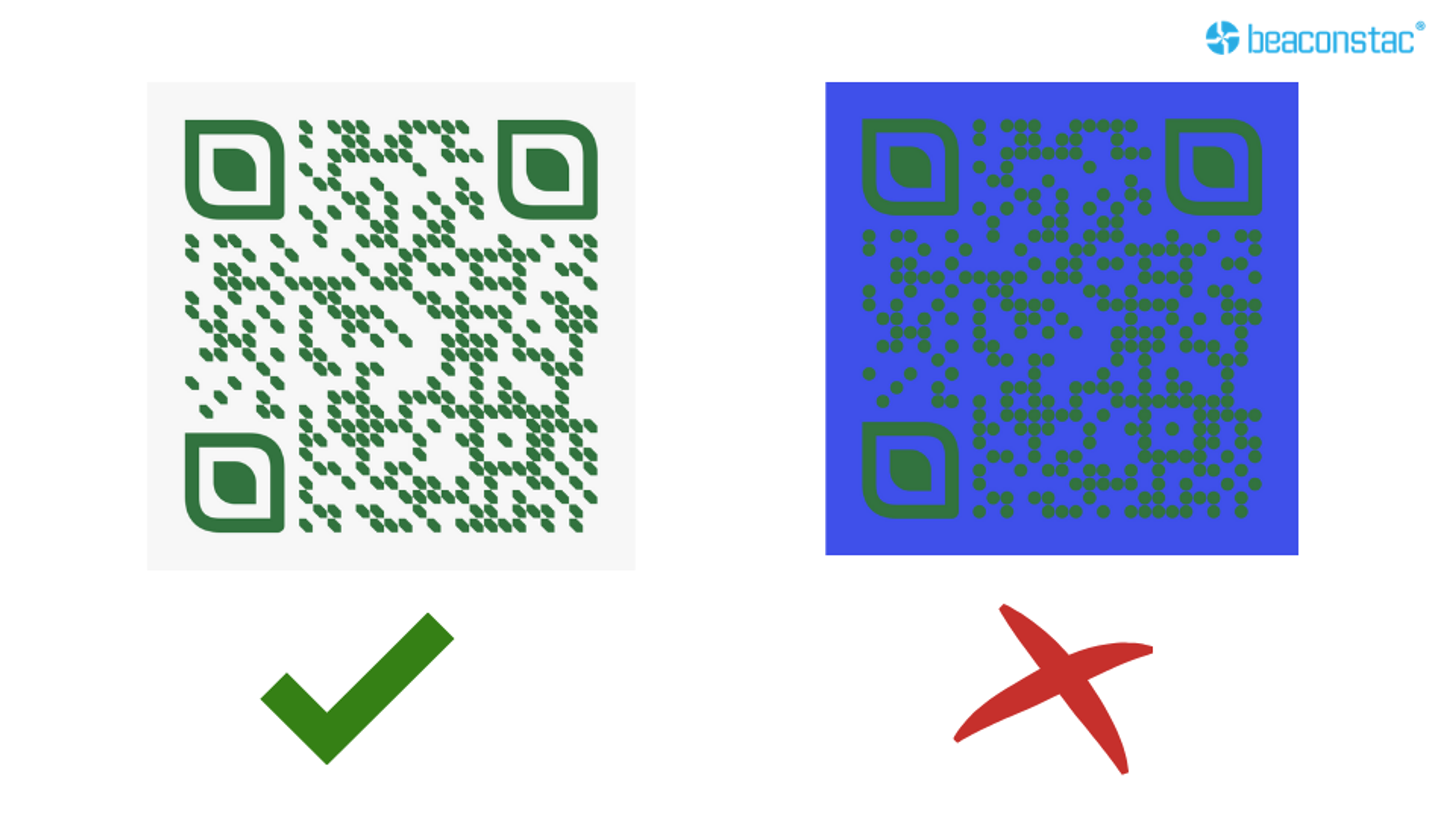 QR Code design comparison showing how background color affects scanability.