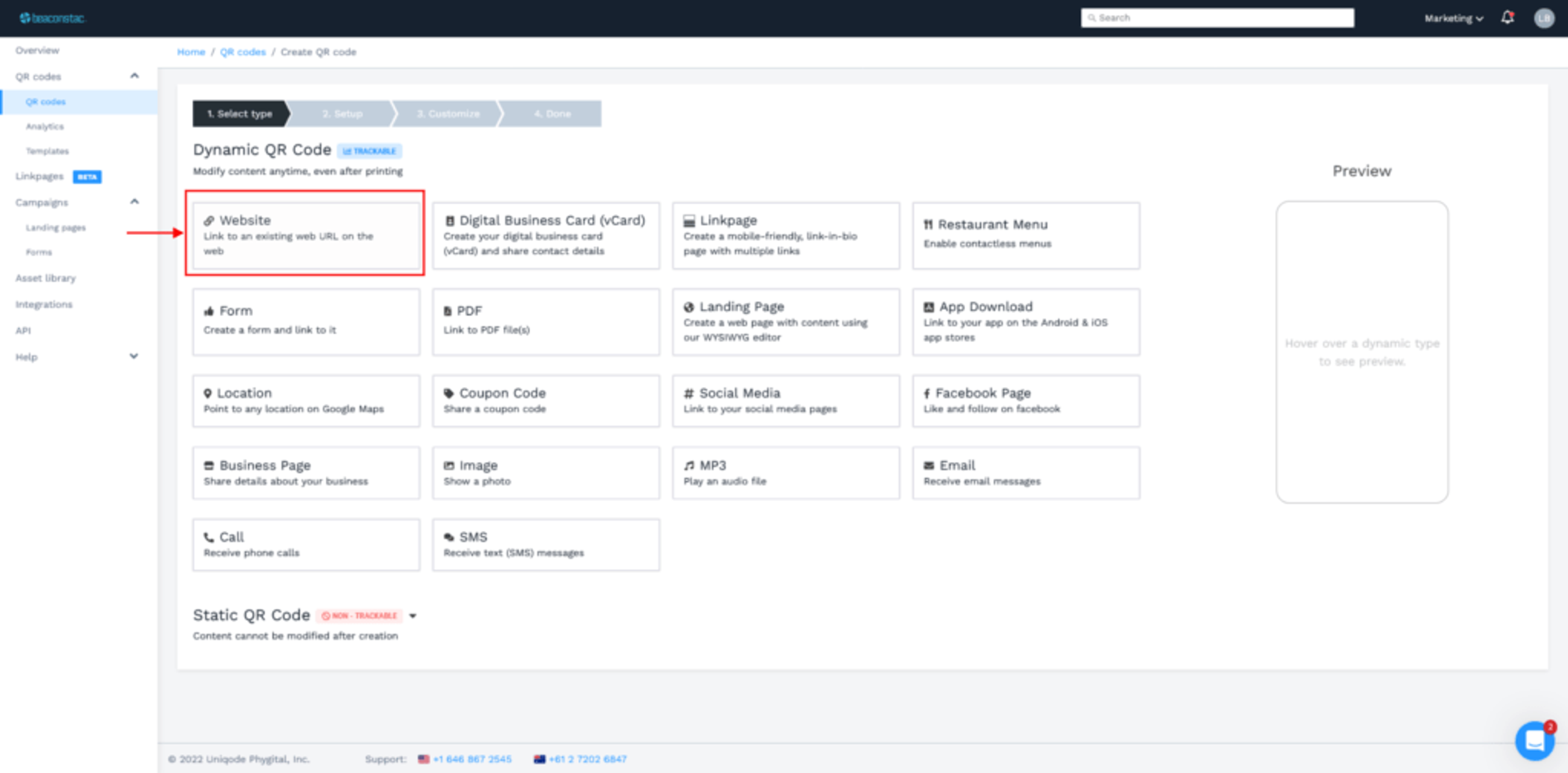 Step3: Select website type campaign to create URL QR Code for your Dropbox file