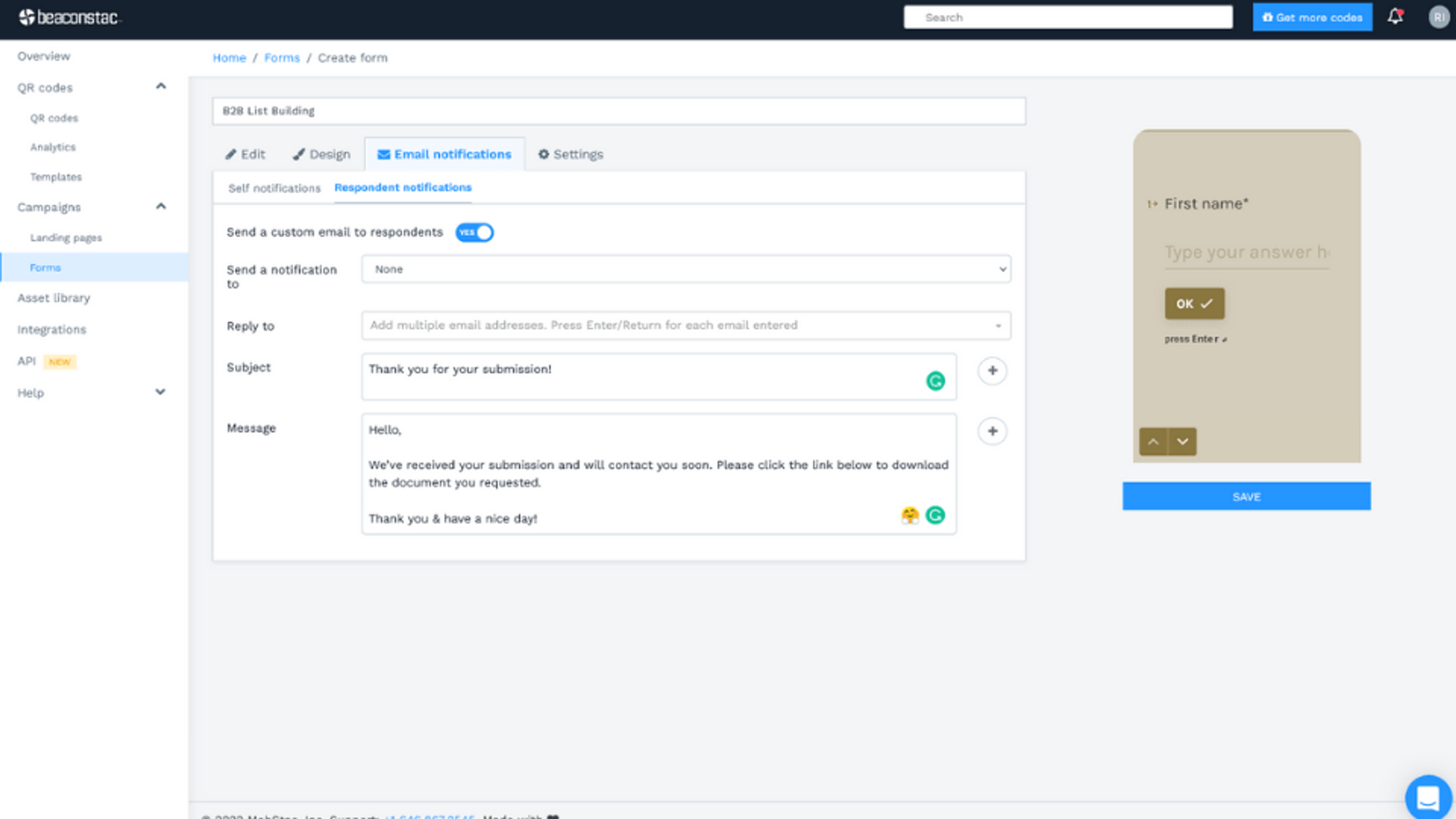 Setting up email notifications for form engagements