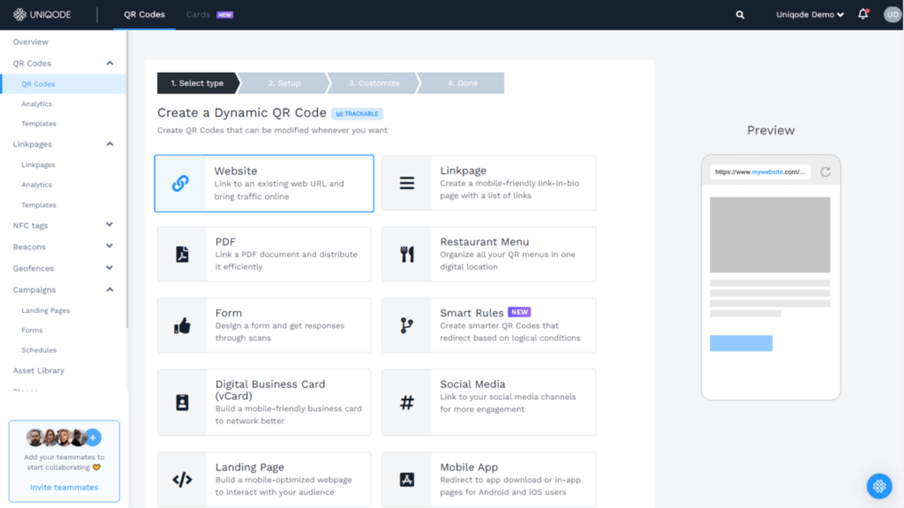 Step 3: Choose the "Website" QR Code type under "Create a Dynamic QR Code"