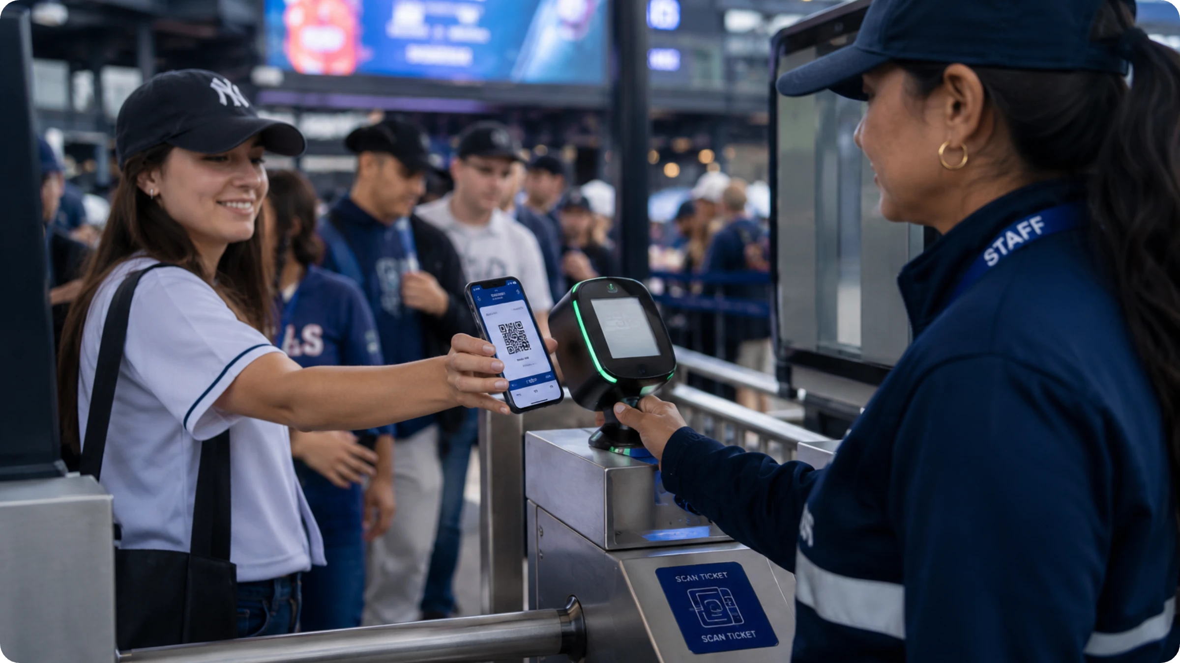 A fan scanning a mobile ticket QR Code at a stadium turnstile