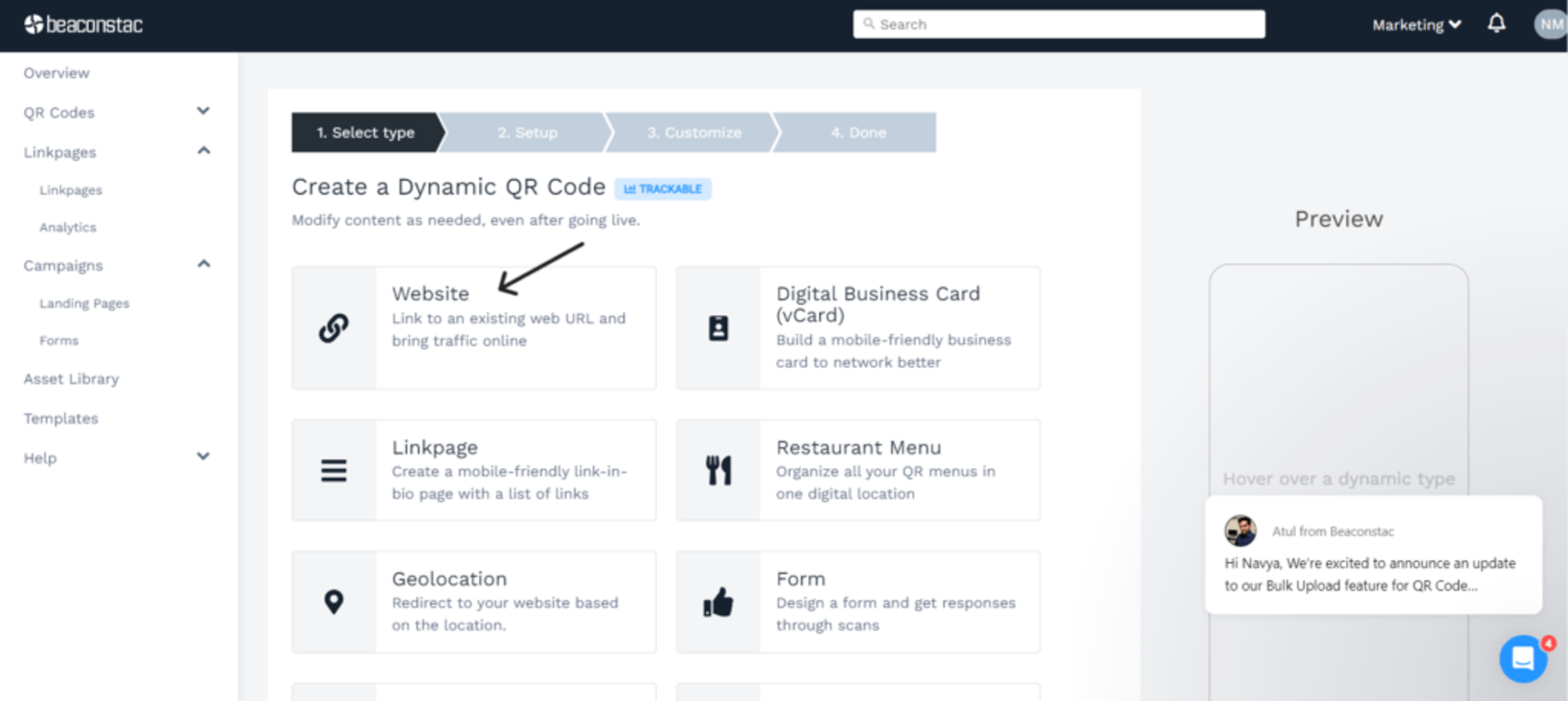 Open the Uniqode dashboard and choose website as your campaign