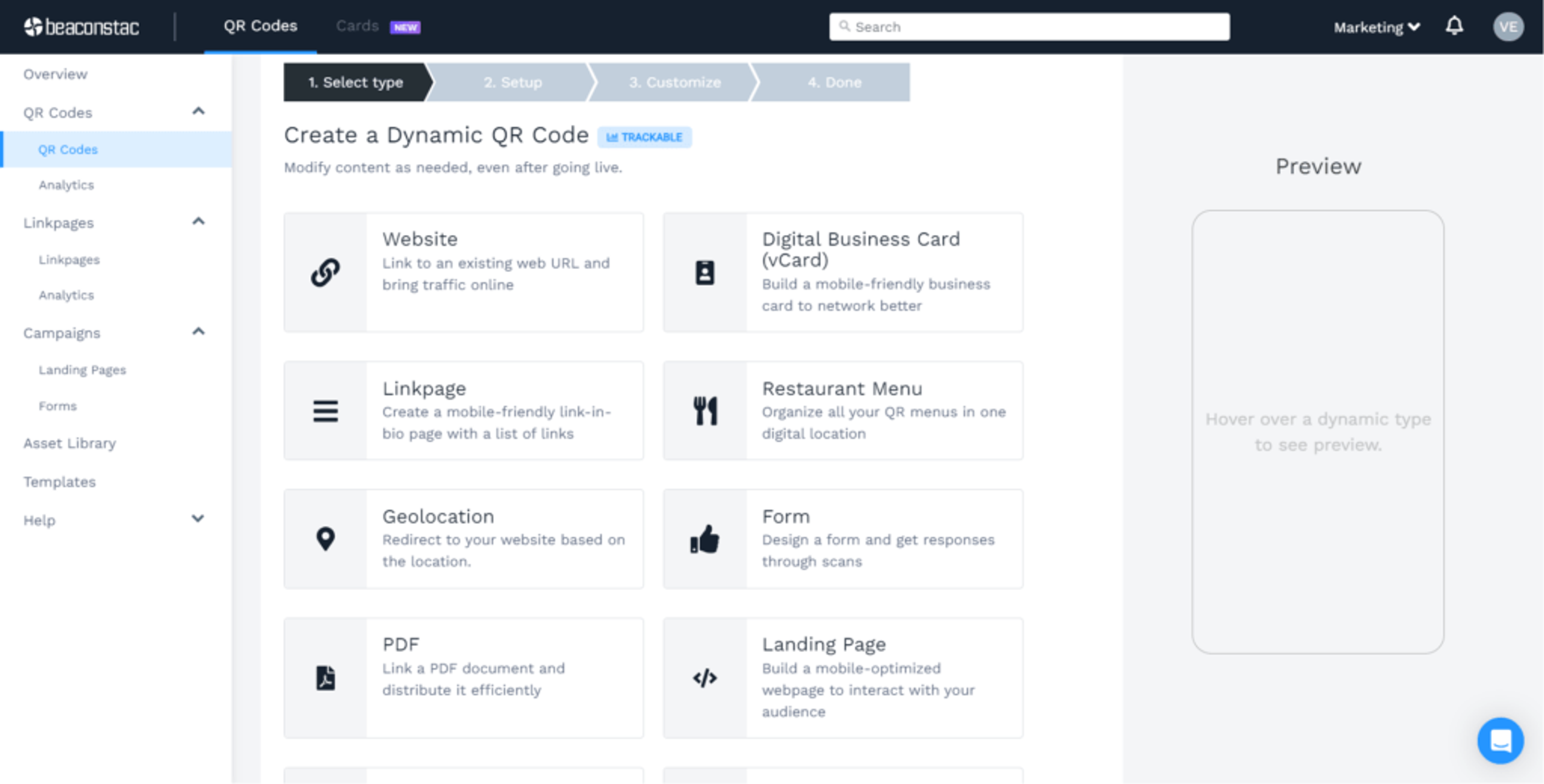 In the second step, select the type of QR Code you want to download