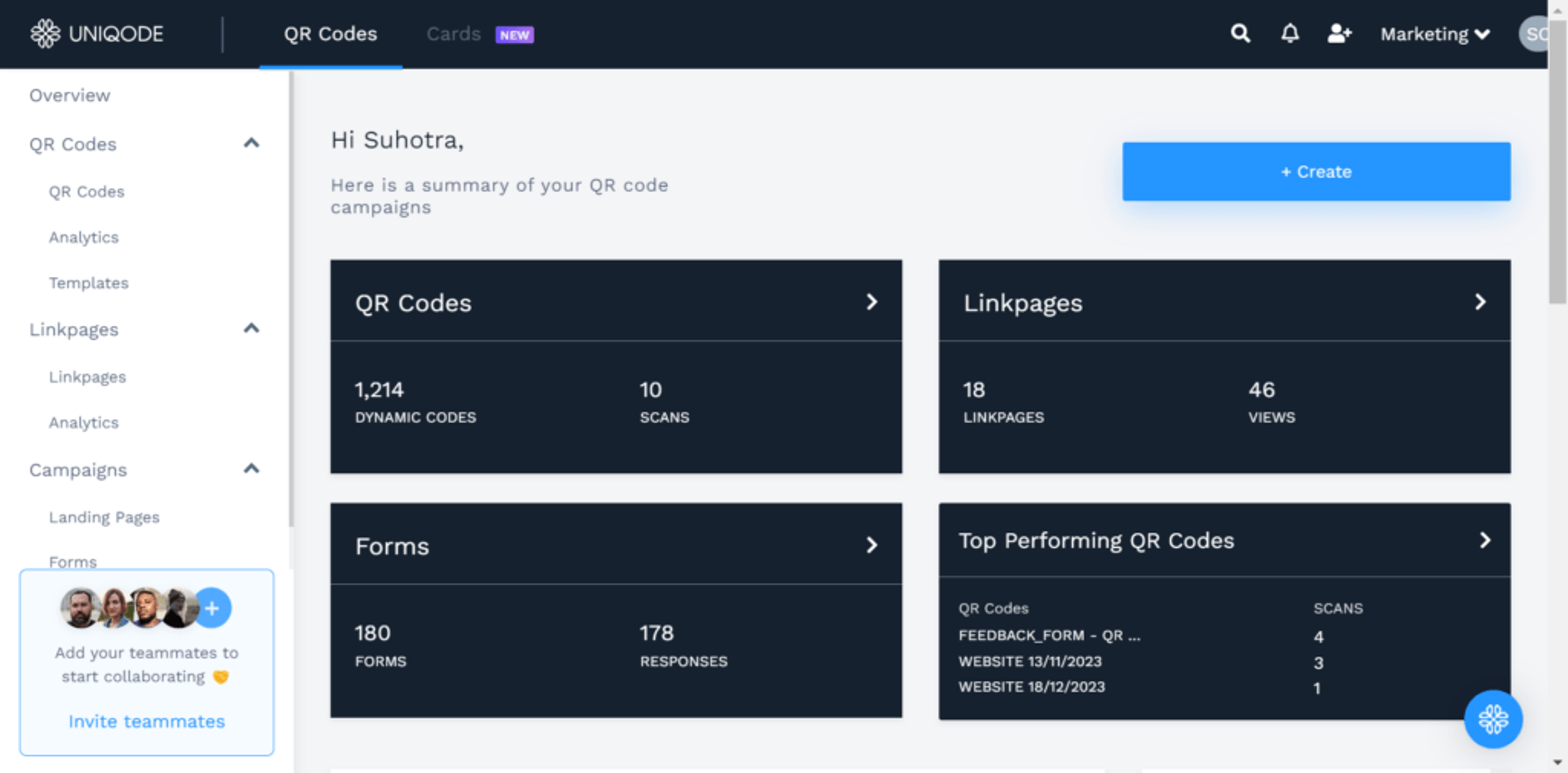 uniqode qr code generator dashboard