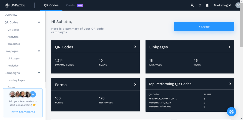uniqode qr code generator dashboard
