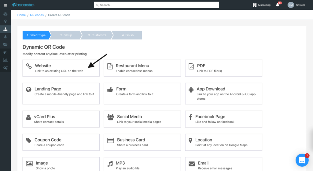 Select campaign type for your Twitter QR Code