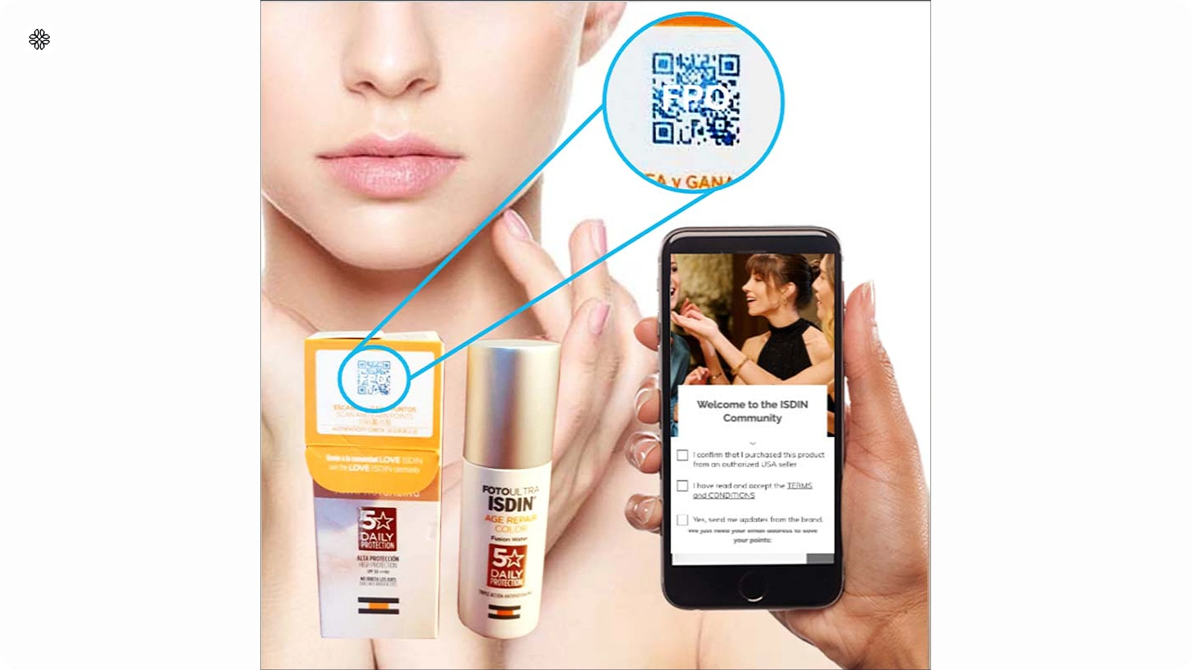 ISDIN sunscreen box with a QR Code zoomed in, next to a phone showing the Welcome to the ISDIN Community sign-up page that opens after the scan.