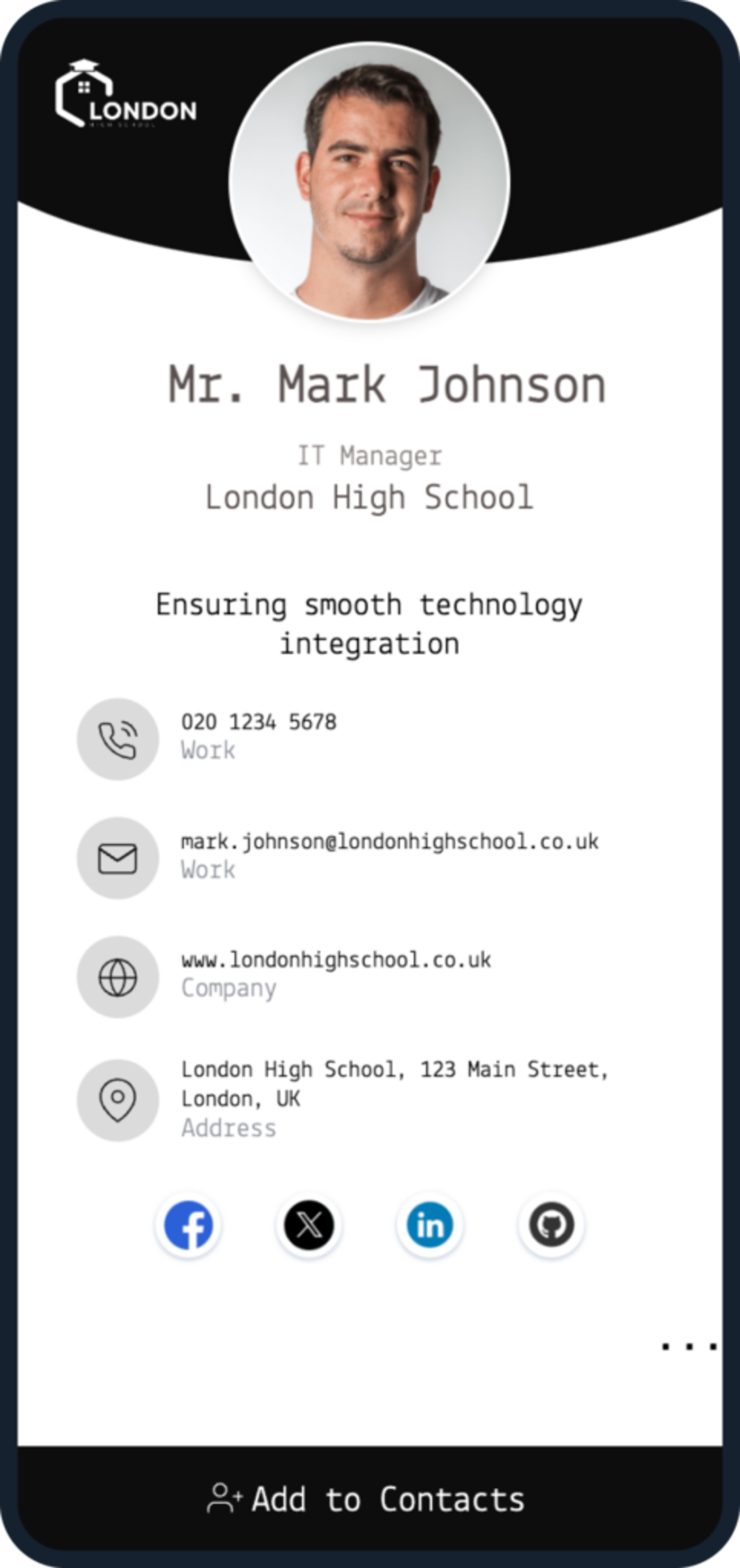 Template for digital business card for educational professionals

