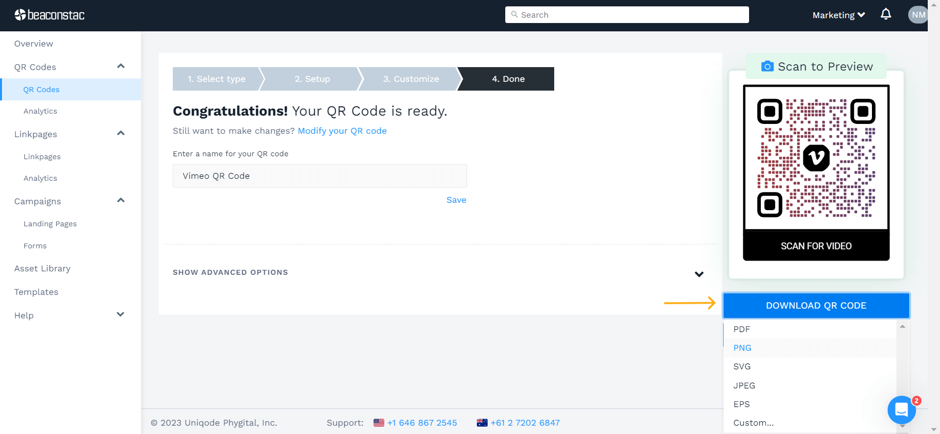 Download your QR Code for VImeo Video
