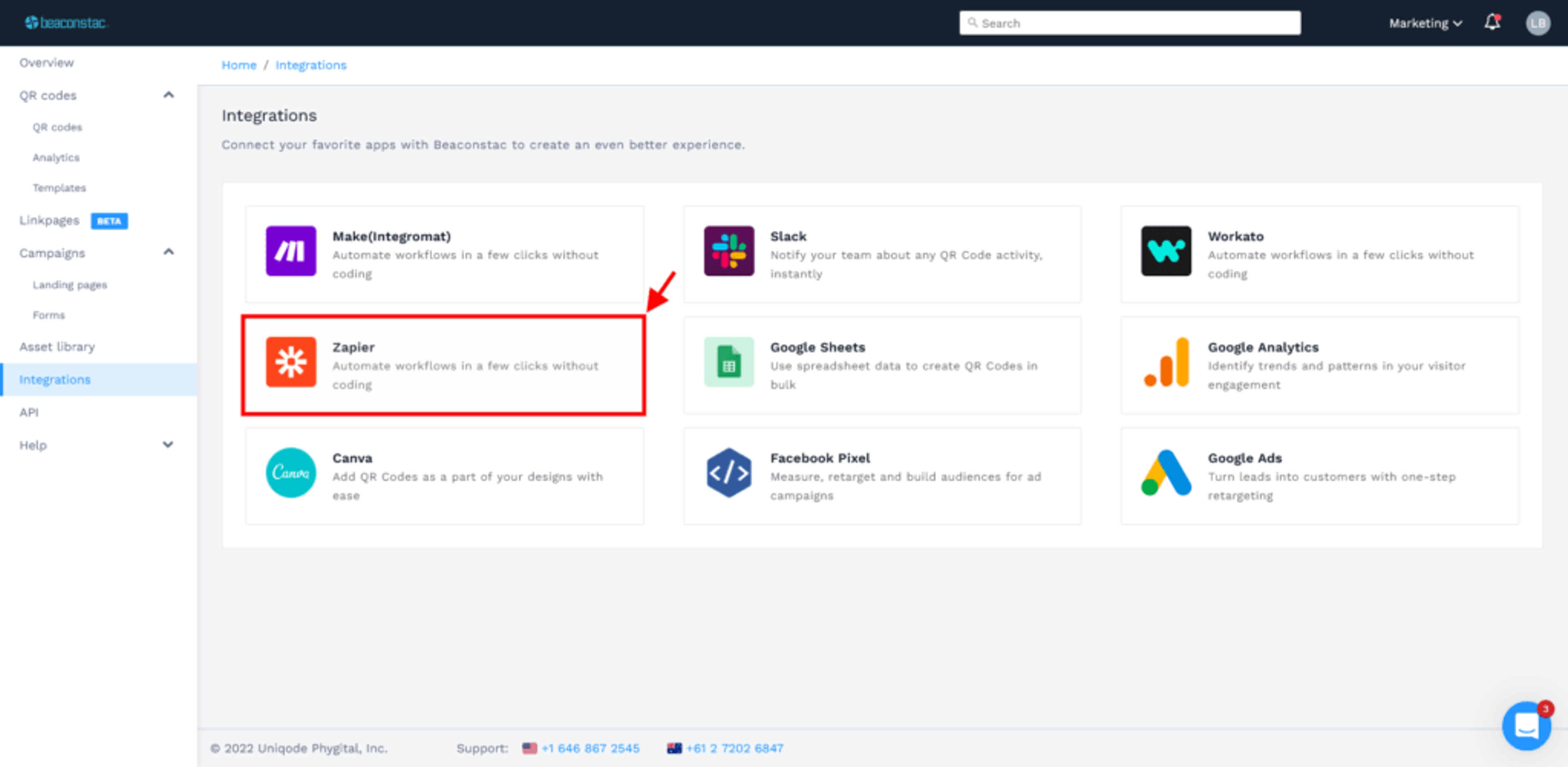 Choose Zapier from list of integrations on Uniqode dashboard