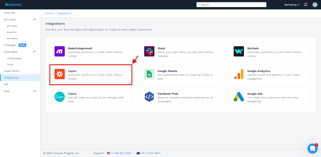 Choose Zapier from list of integrations on Uniqode dashboard