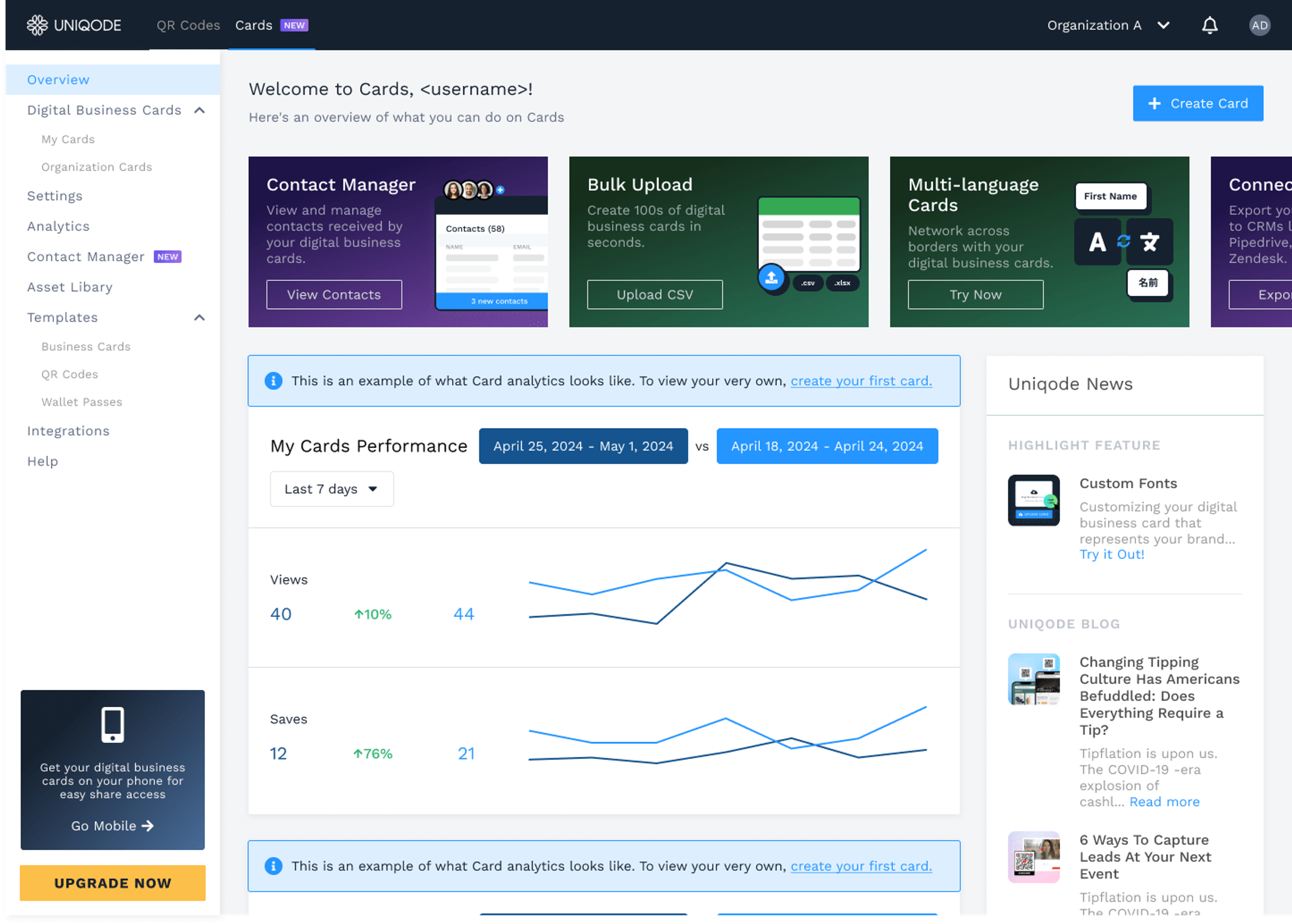 Uniqode Digital Business Card dashboard
