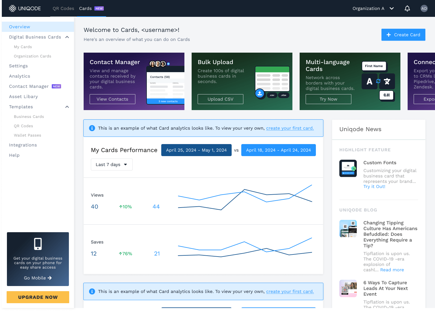 Uniqode Digital Business Card dashboard