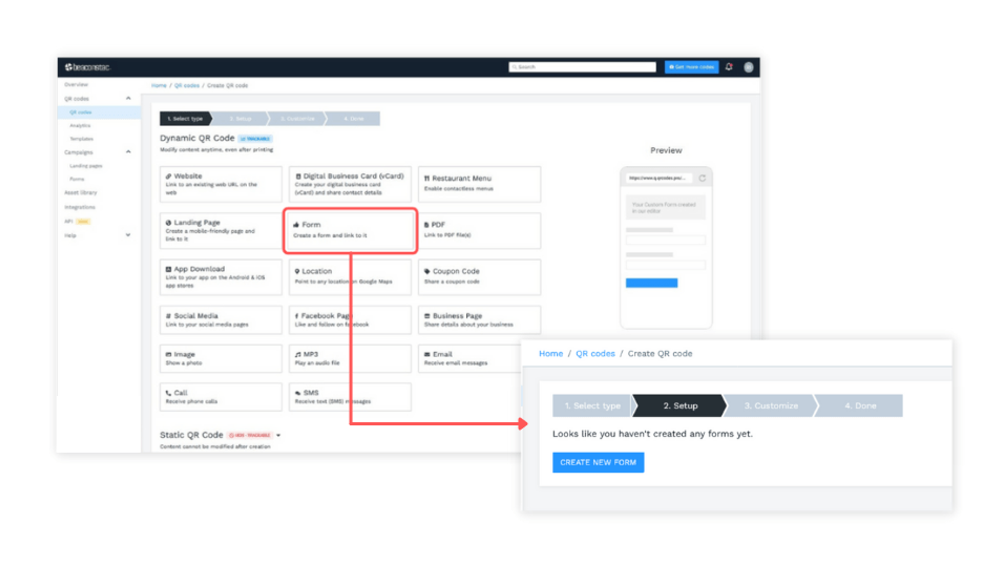 Choosing Form as the QR Code campaign type