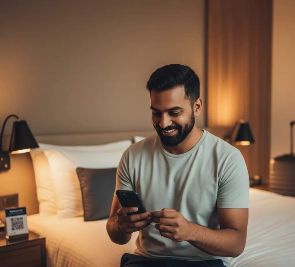 Traveller using QR Code for Wifi access at Hotel