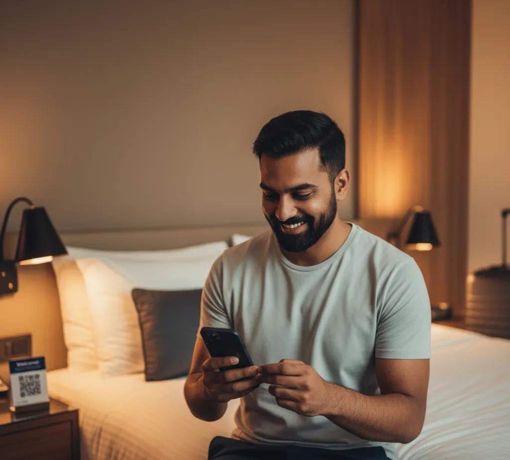 Traveller using QR Code for Wifi access at Hotel