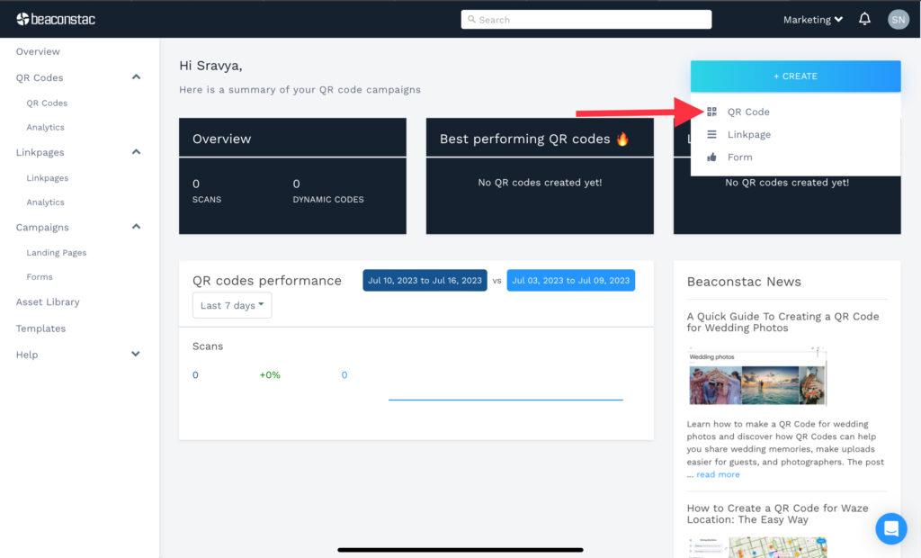 Open the dashboard and click on "+Create"