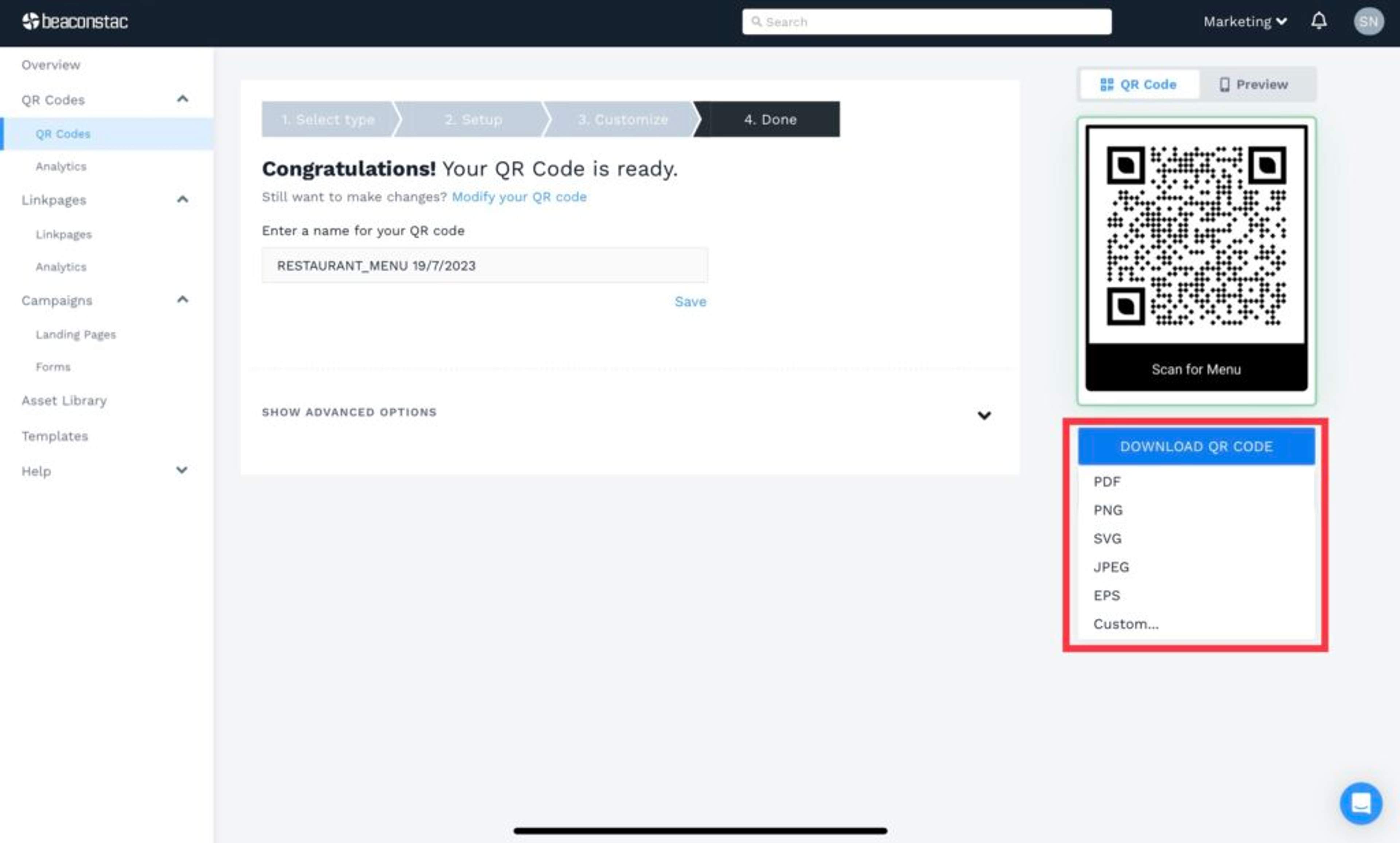 Download the menu QR Code in a format of your choice