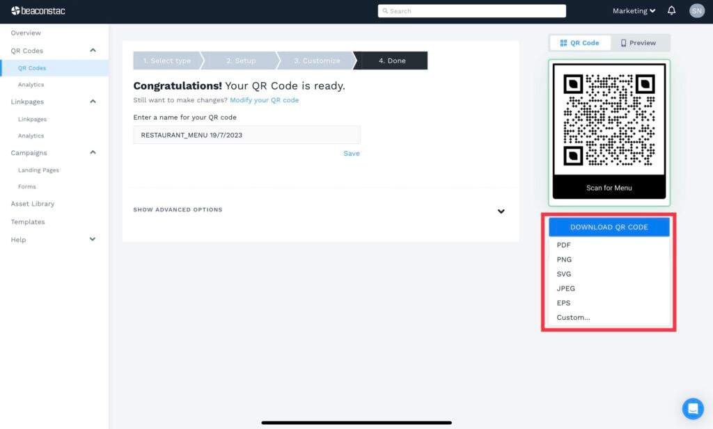 Download the menu QR Code in a format of your choice
